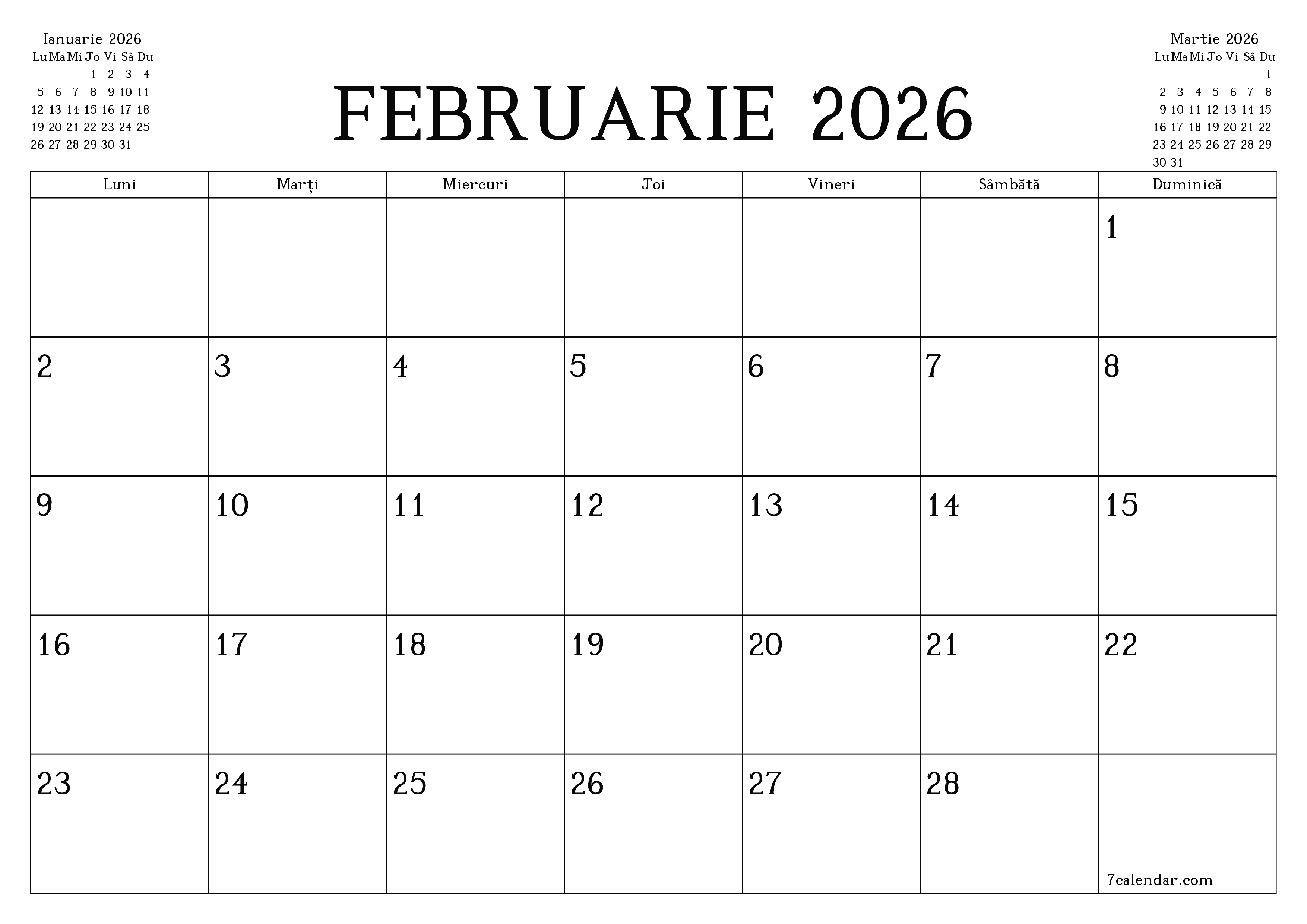 Planificator lunar gol pentru luna Februarie 2026 cu note, salvați și tipăriți în PDF PNG Romanian