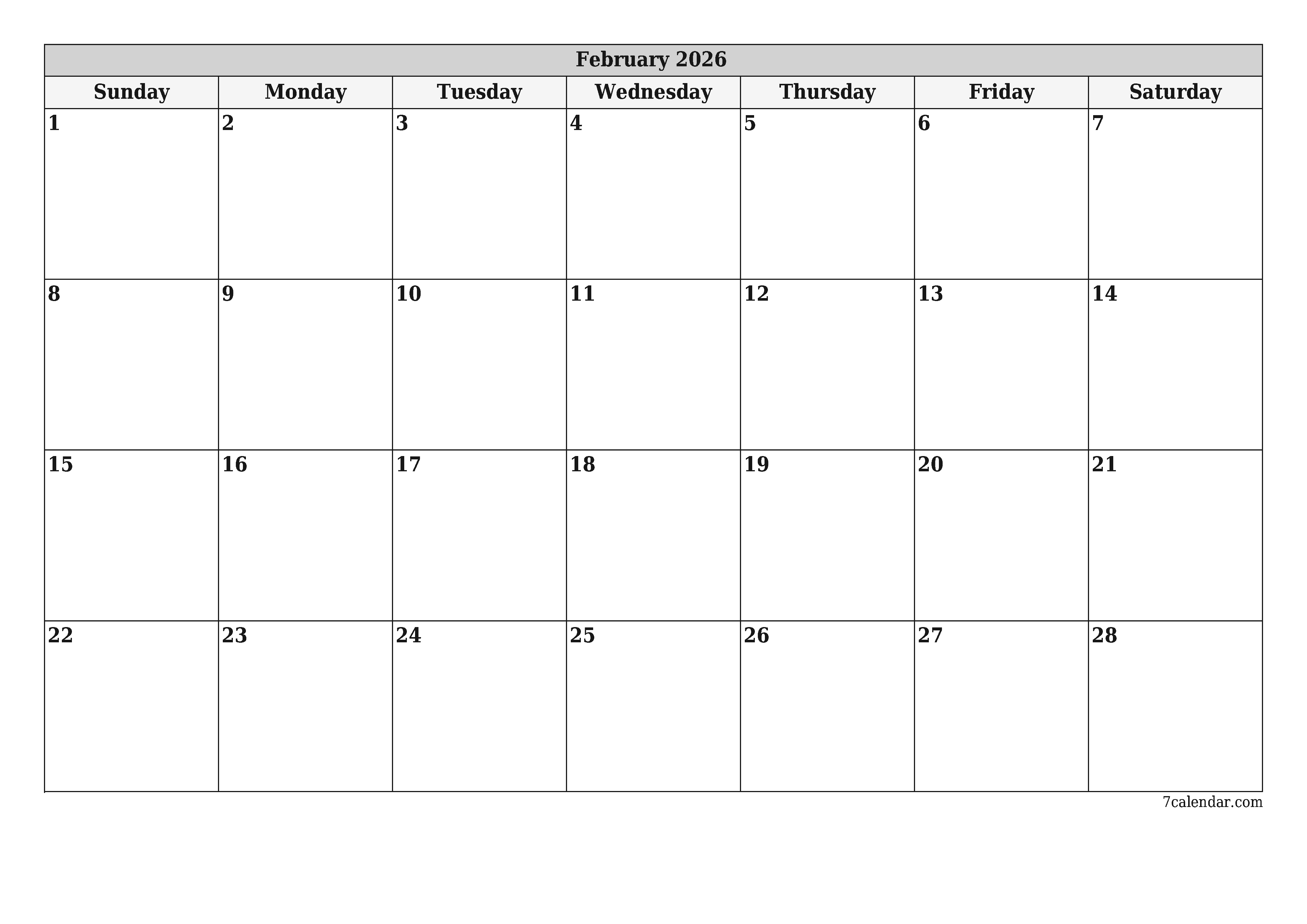 Blank monthly printable calendar and planner for month February 2026 with notes save and print to PDF PNG English