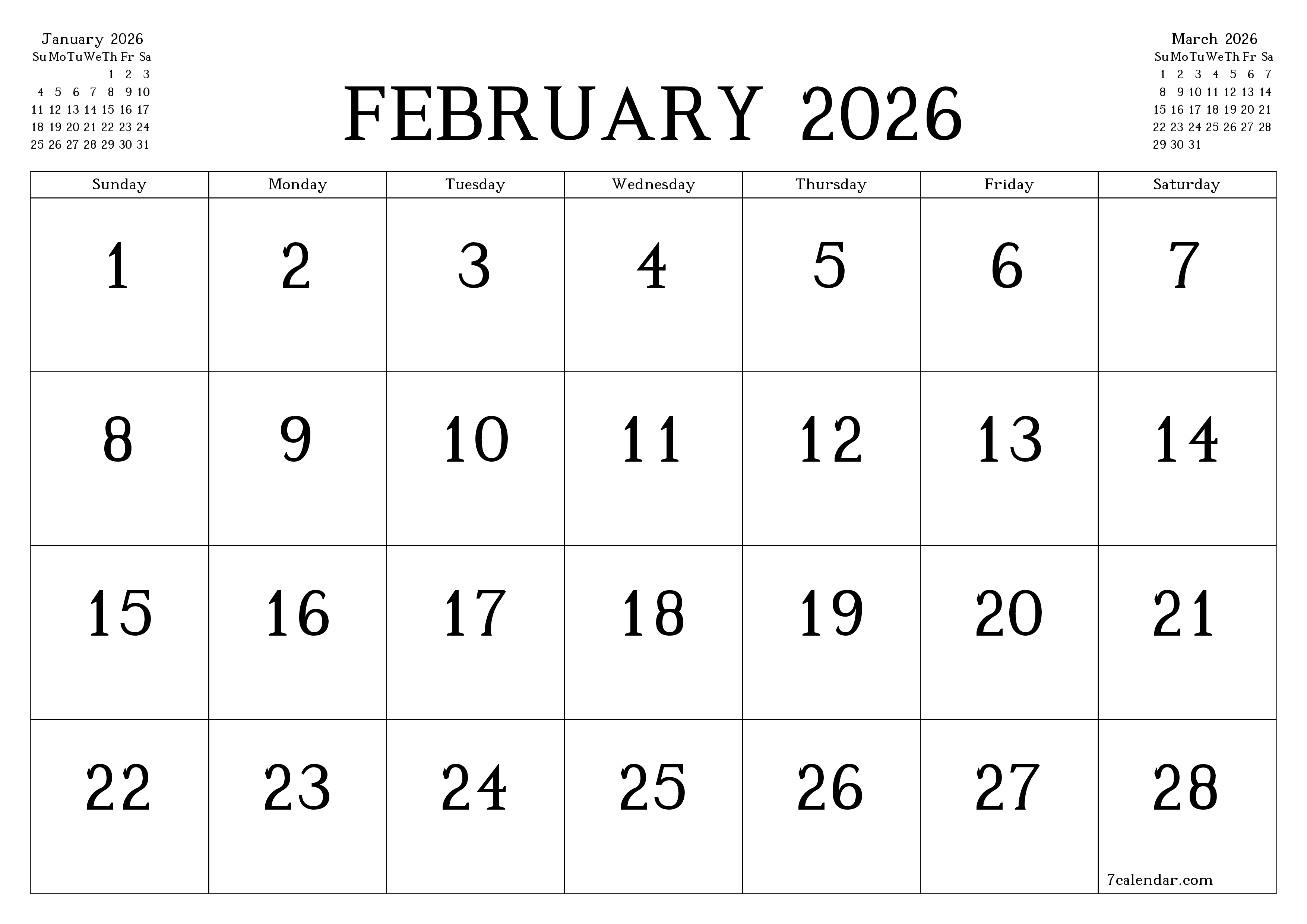 Blank monthly printable calendar and planner for month February 2026 with notes save and print to PDF PNG English