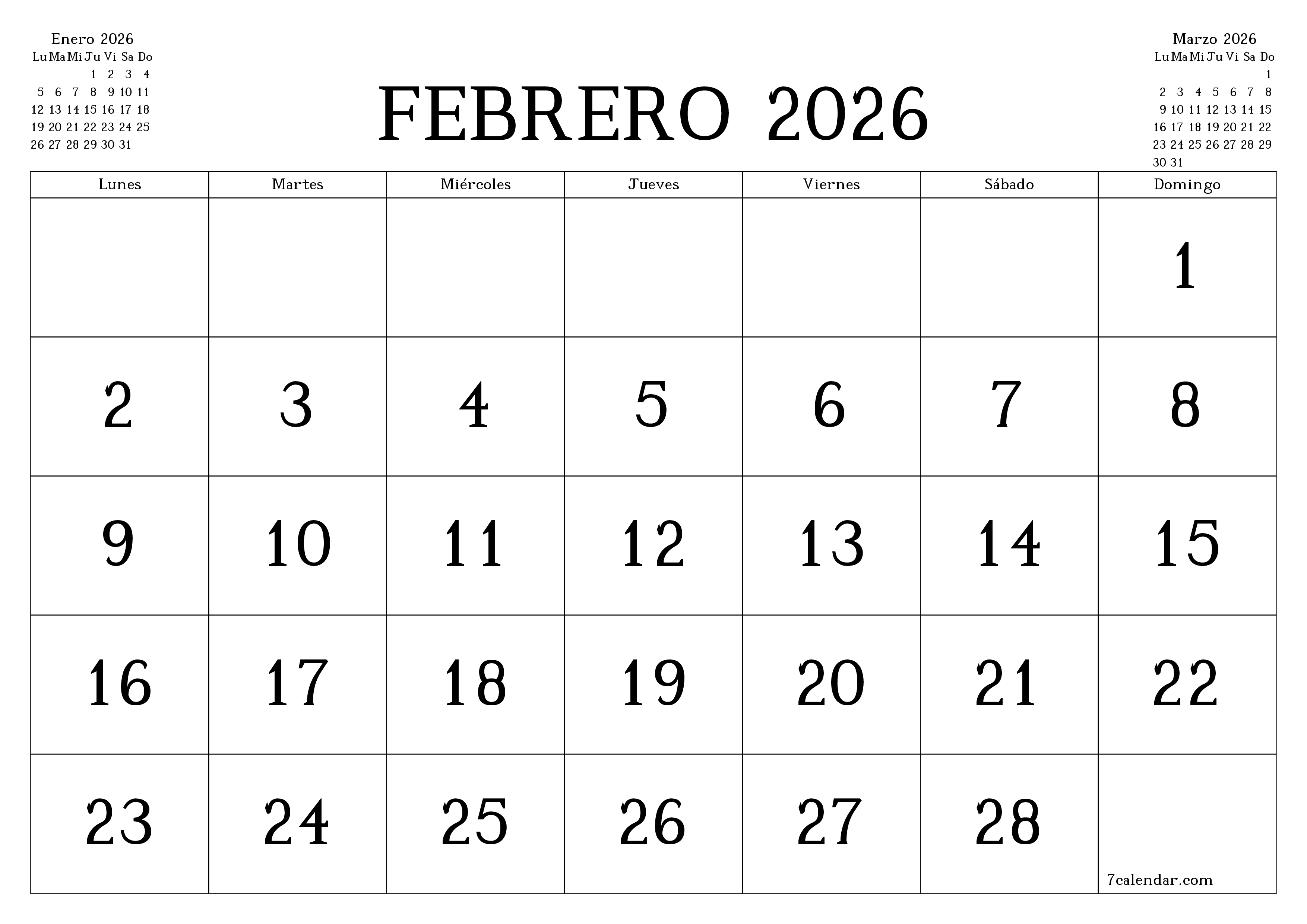 Planificador mensual vacío para el mes Febrero 2026 con notas, guardar e imprimir en PDF PNG Spanish