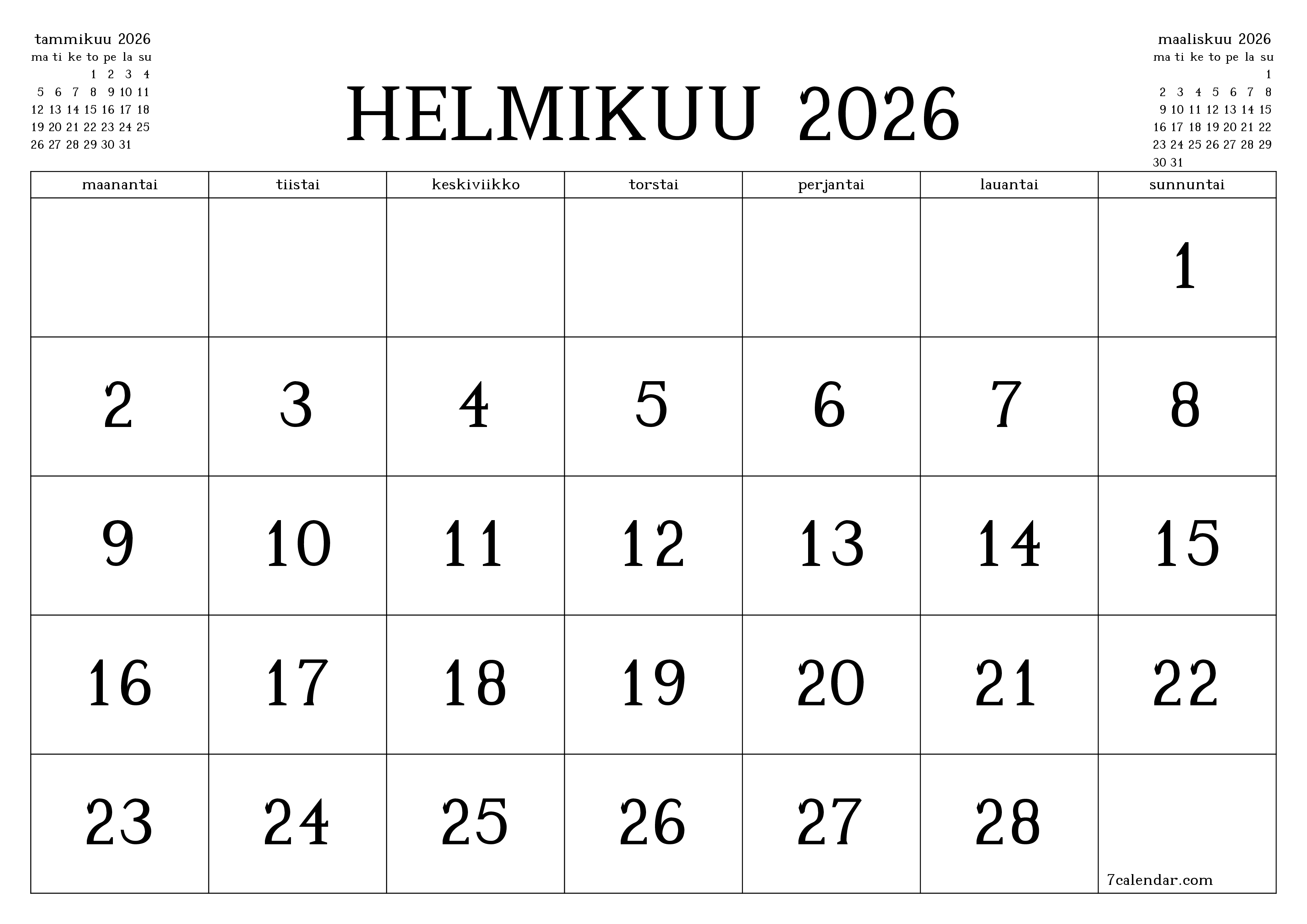 Tyhjennä kuukausittainen suunnittelija kuukaudelle Helmikuu 2026 muistiinpanoilla, tallenna ja tulosta PDF-muotoon PNG Finnish