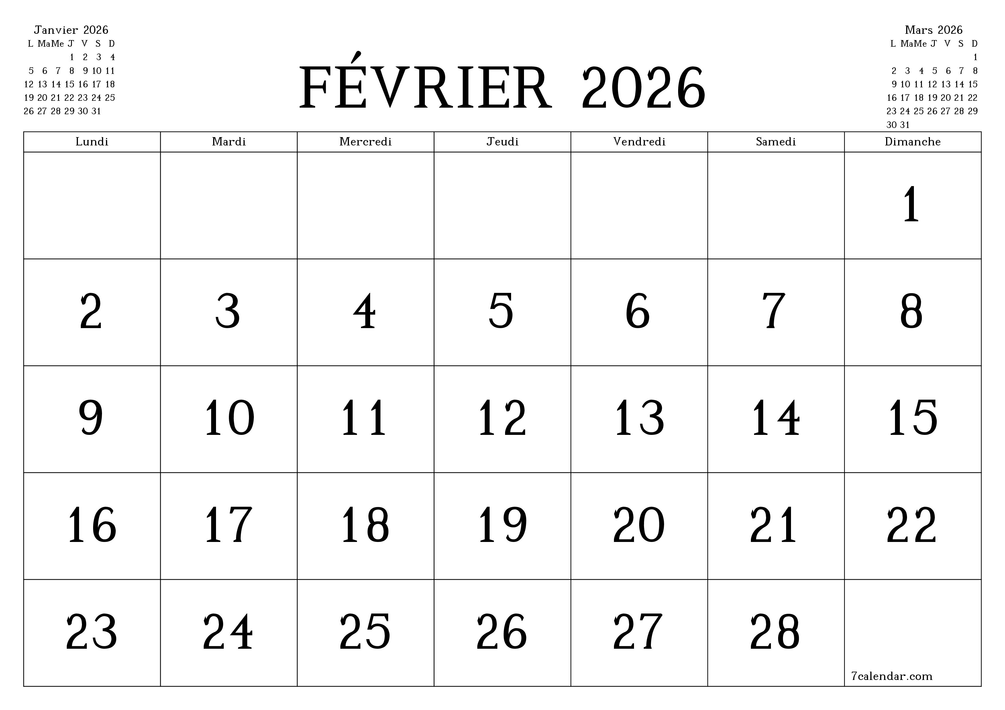 Agenda mensuel vide pour le mois Février 2026 avec notes, enregistrez et imprimez au format PDF PNG French