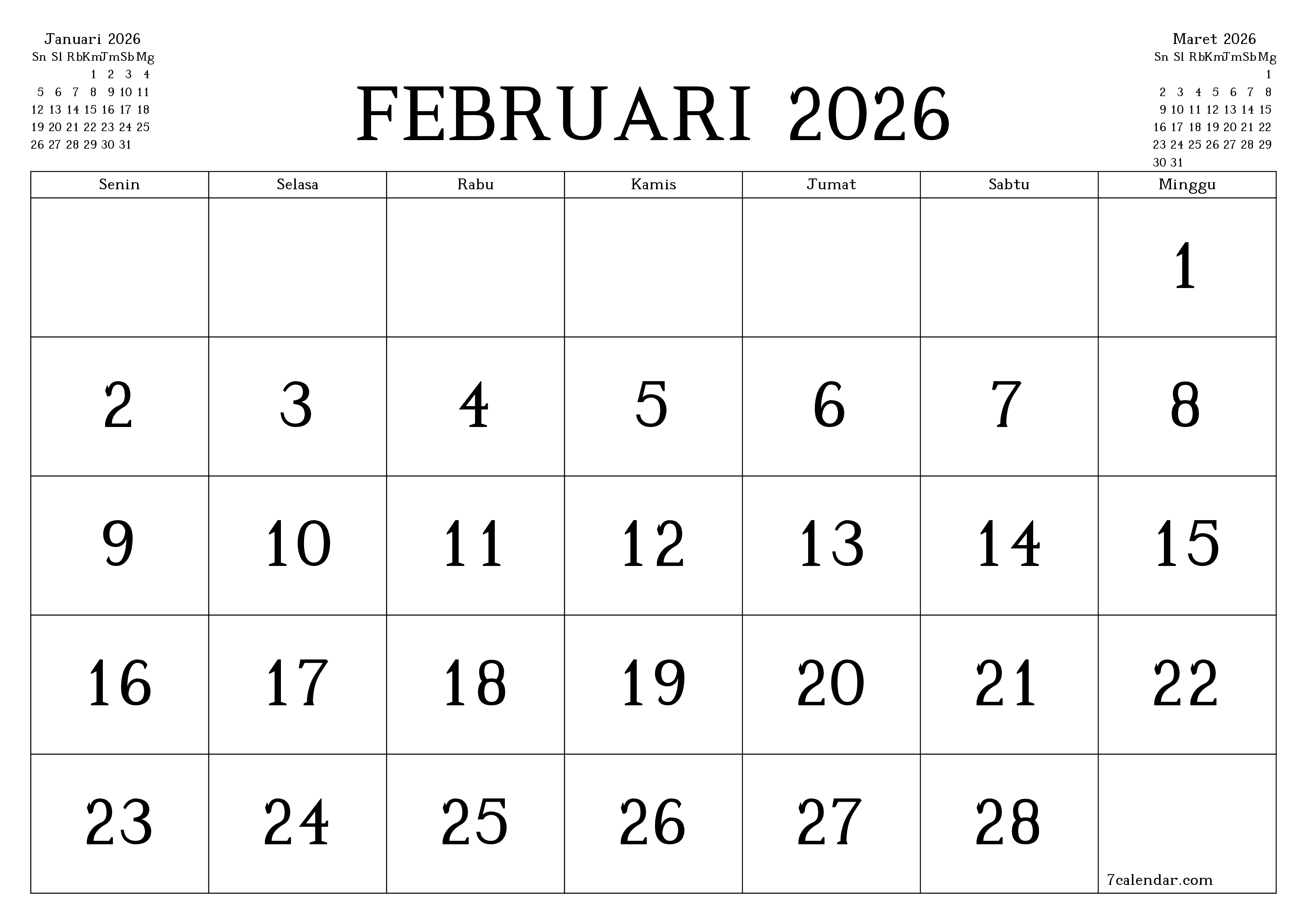 Kosongkan agenda bulanan untuk bulan Februari 2026 dengan catatan, simpan dan cetak ke PDF PNG Indonesian
