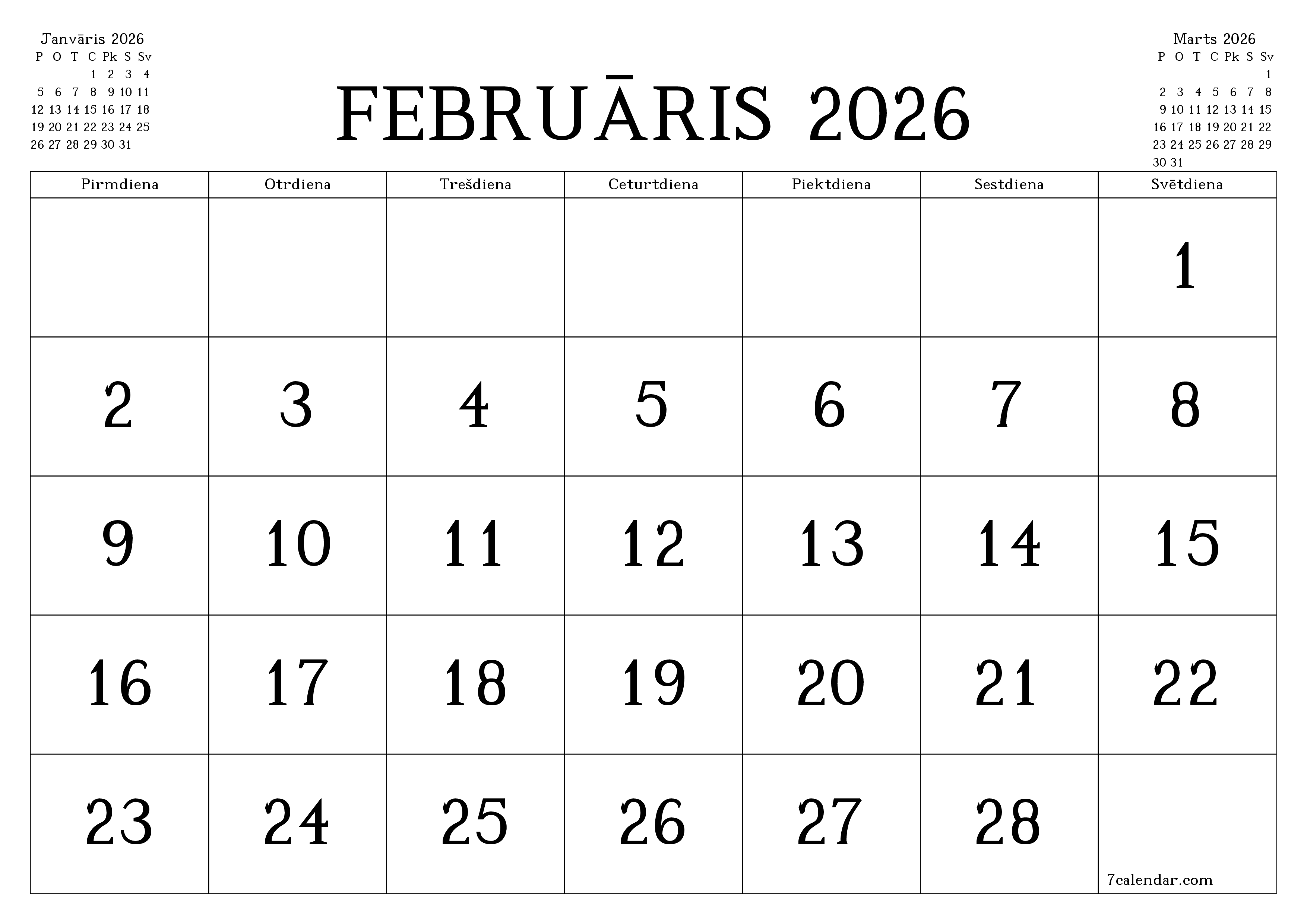 Iztukšot mēneša plānotāju mēnesim Februāris 2026 ar piezīmēm, saglabāt un izdrukāt PDF formātā PNG Latvian