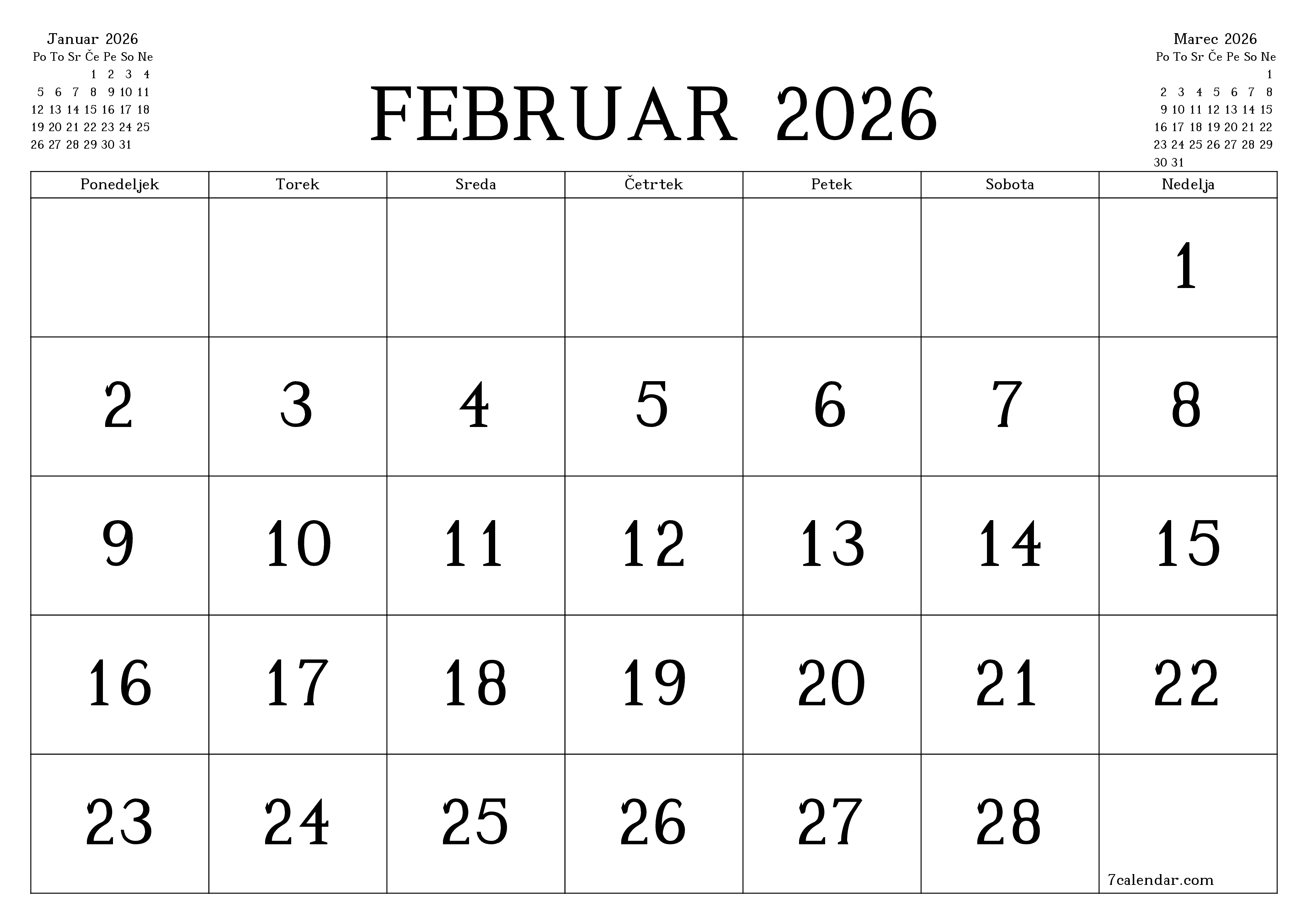 Prazen mesečni načrtovalec koledarja za mesec Februar 2026 z opombami, natisnjenimi v PDF PNG Slovenian