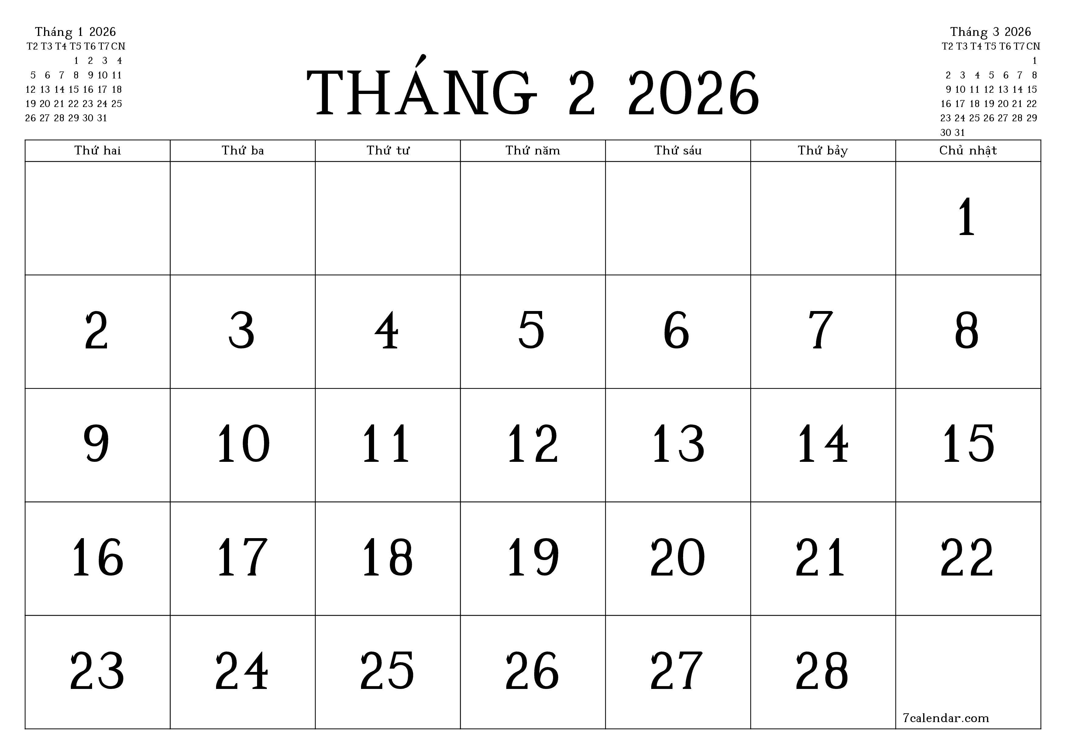 Công cụ lập kế hoạch hàng tháng trống cho tháng Tháng 2 2026 có ghi chú, lưu và in sang PDF PNG Vietnamese
