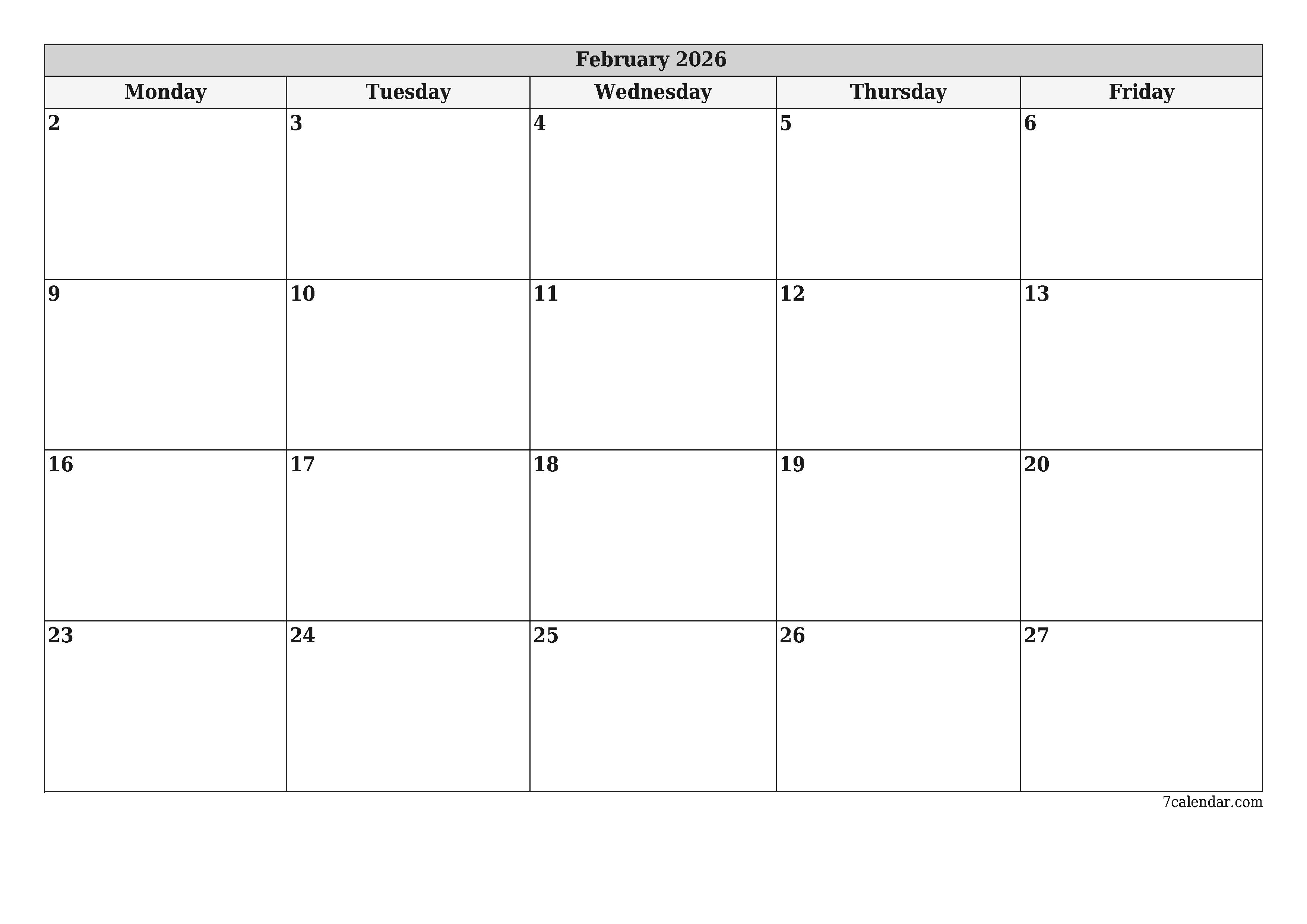 printable wall template free horizontal Monthly planner calendar February (Feb) 2026