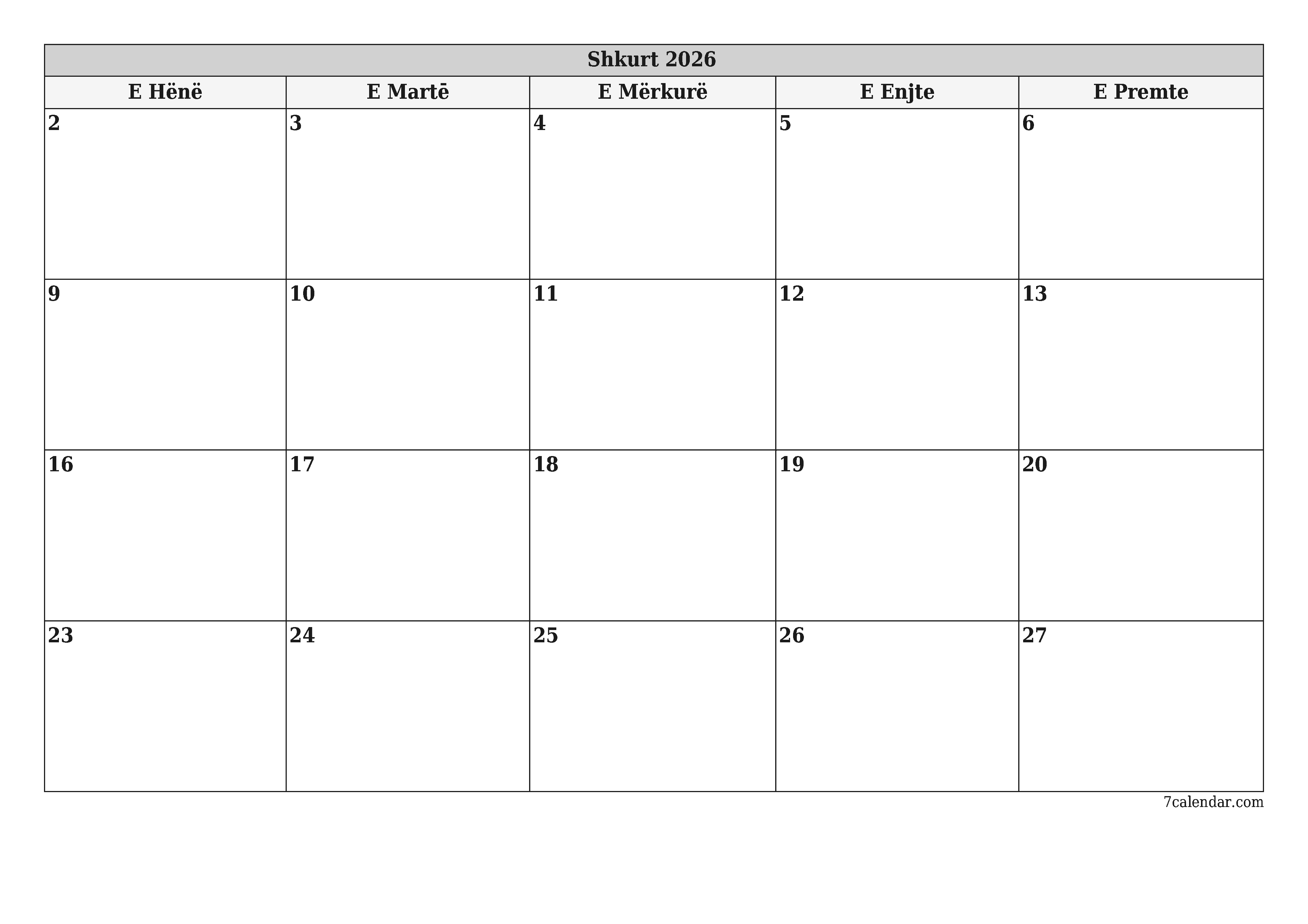 Planifikuesi i zbrazët i kalendarit mujor për muajin Shkurt 2026 me shënime të ruajtura dhe të printuara në PDF PNG Albanian