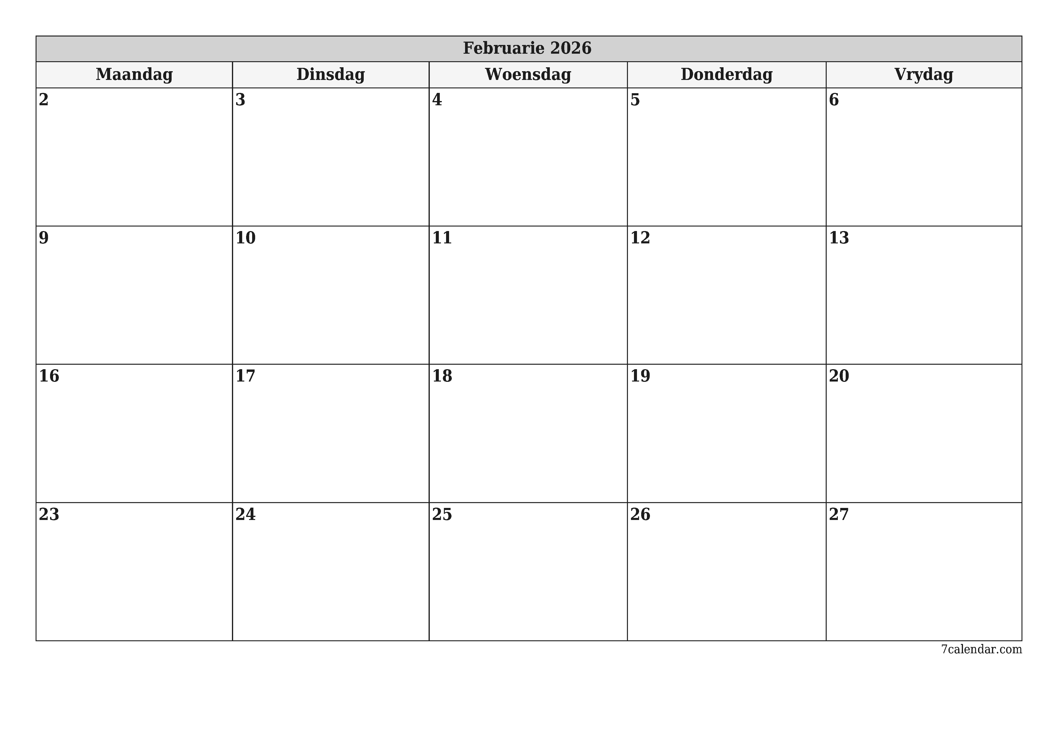 Leë maandelikse drukbare kalender en beplanner vir maand Februarie 2026 met notas stoor en druk na PDF PNG Afrikaans