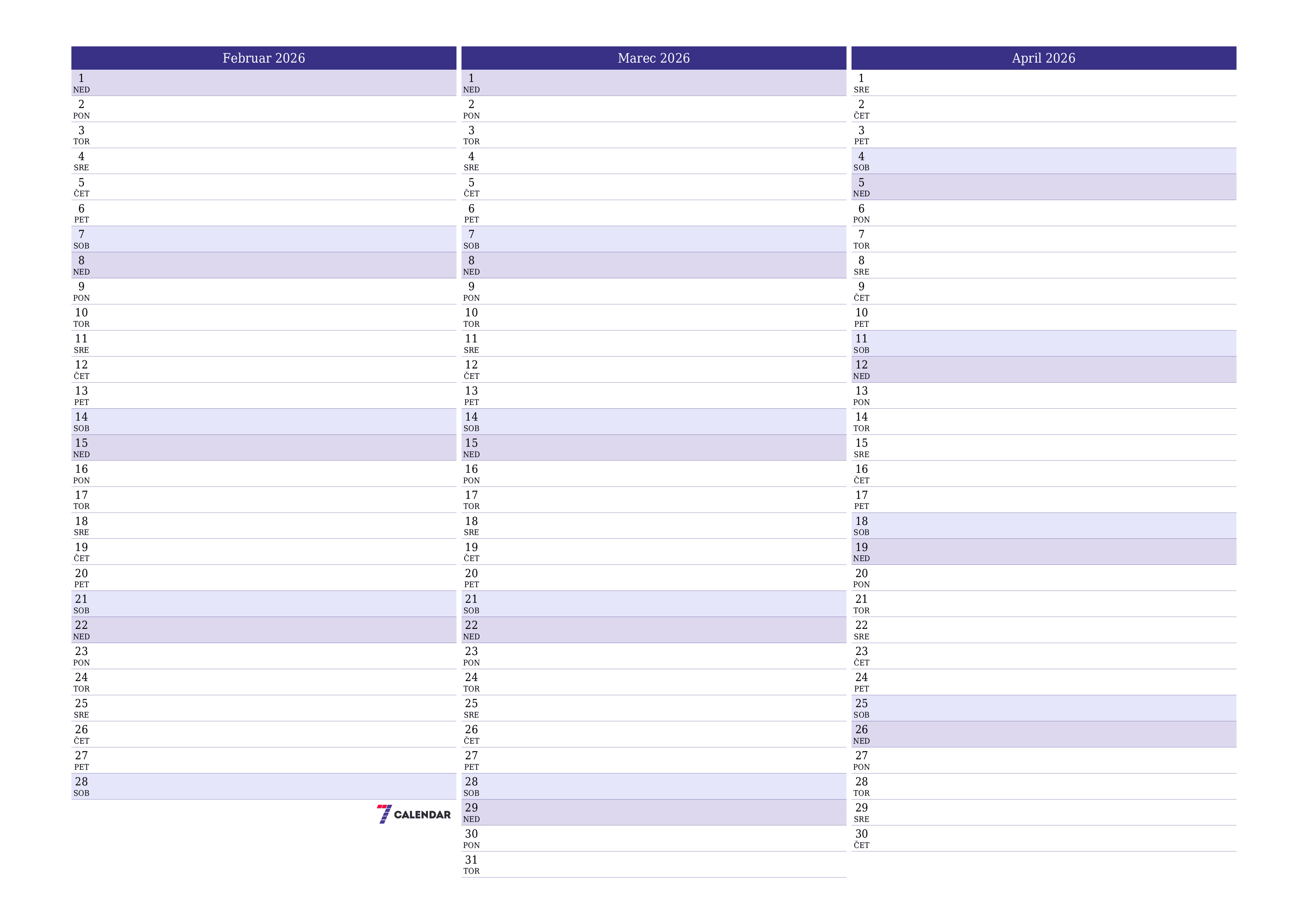 Prazen mesečni načrtovalec koledarja za mesec Februar 2026 z opombami, natisnjenimi v PDF PNG Slovenian