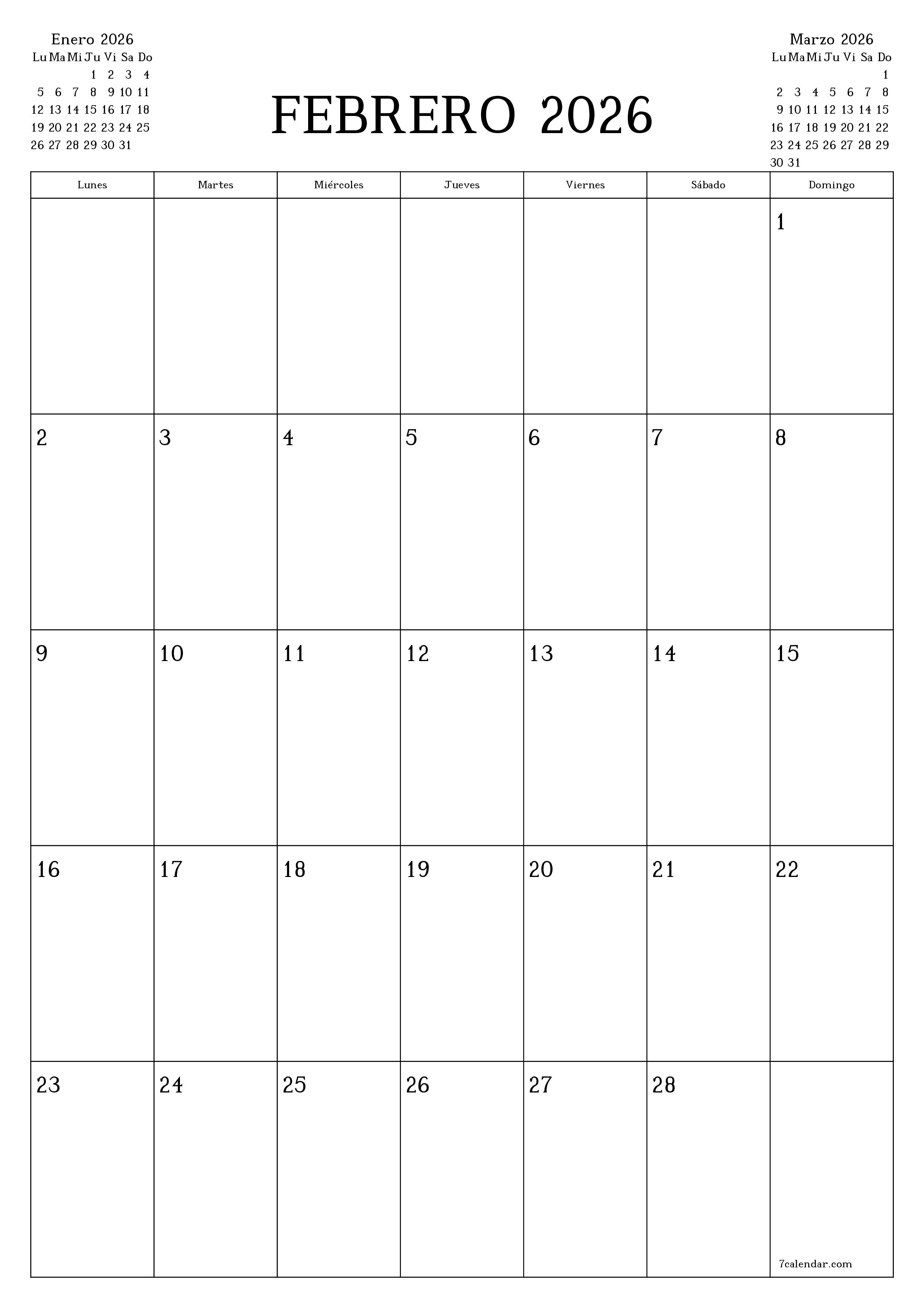 Planificador mensual vacío para el mes Febrero 2026 con notas, guardar e imprimir en PDF PNG Spanish