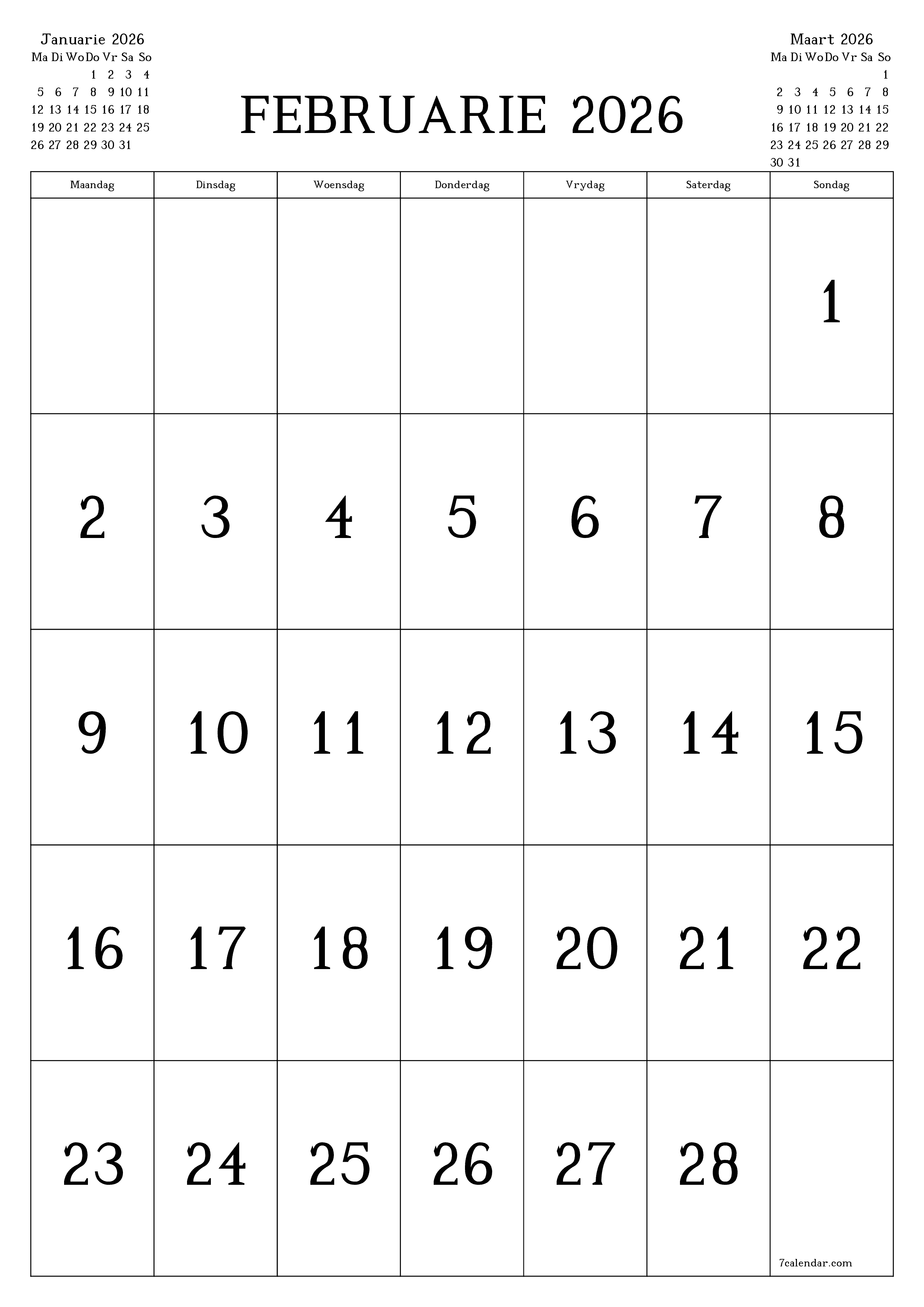 Leë maandelikse drukbare kalender en beplanner vir maand Februarie 2026 met notas stoor en druk na PDF PNG Afrikaans