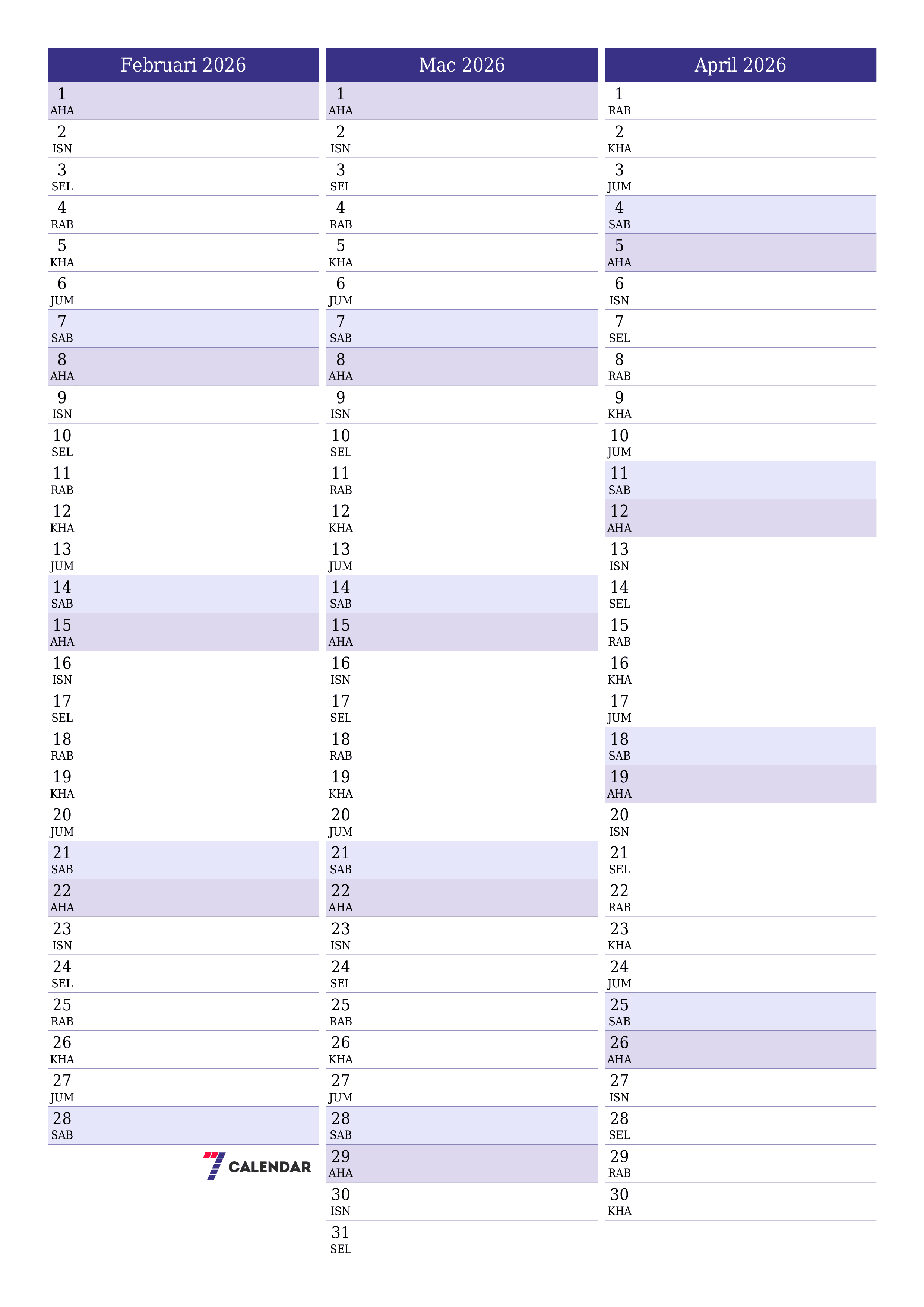  boleh cetak dinding templat percumamenegak Bulanan perancang kalendar Februari (Feb) 2026