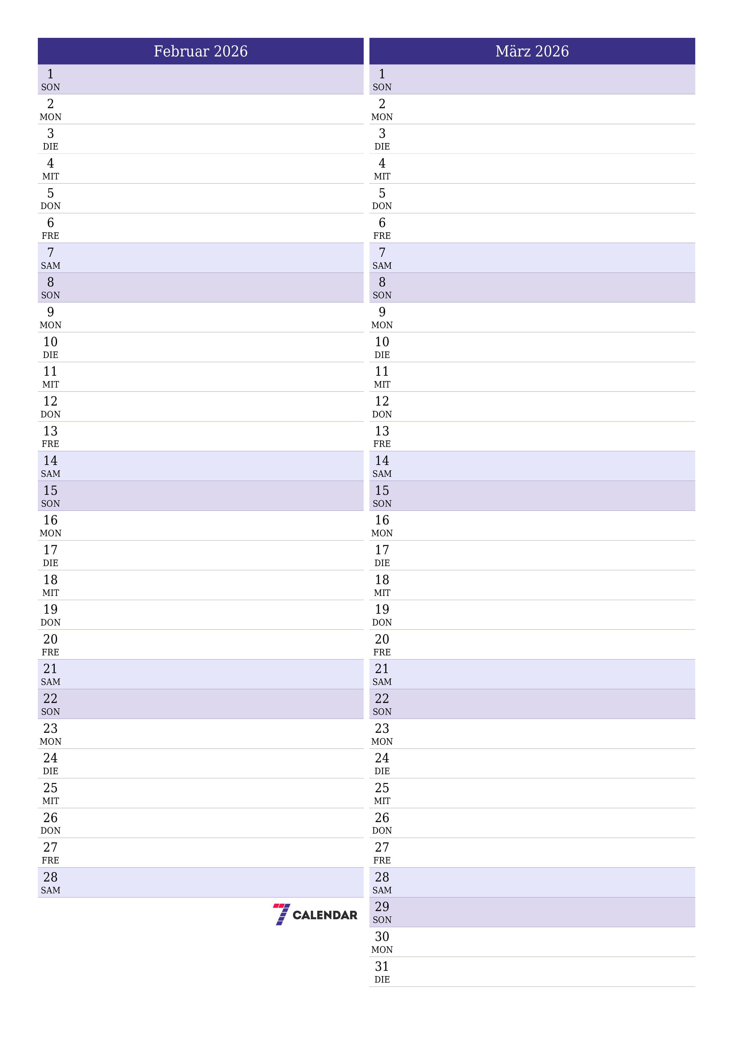 Monatsplaner für Monat Februar 2026 mit Notizen leeren, speichern und als PDF PNG German - 7calendar.com drucken