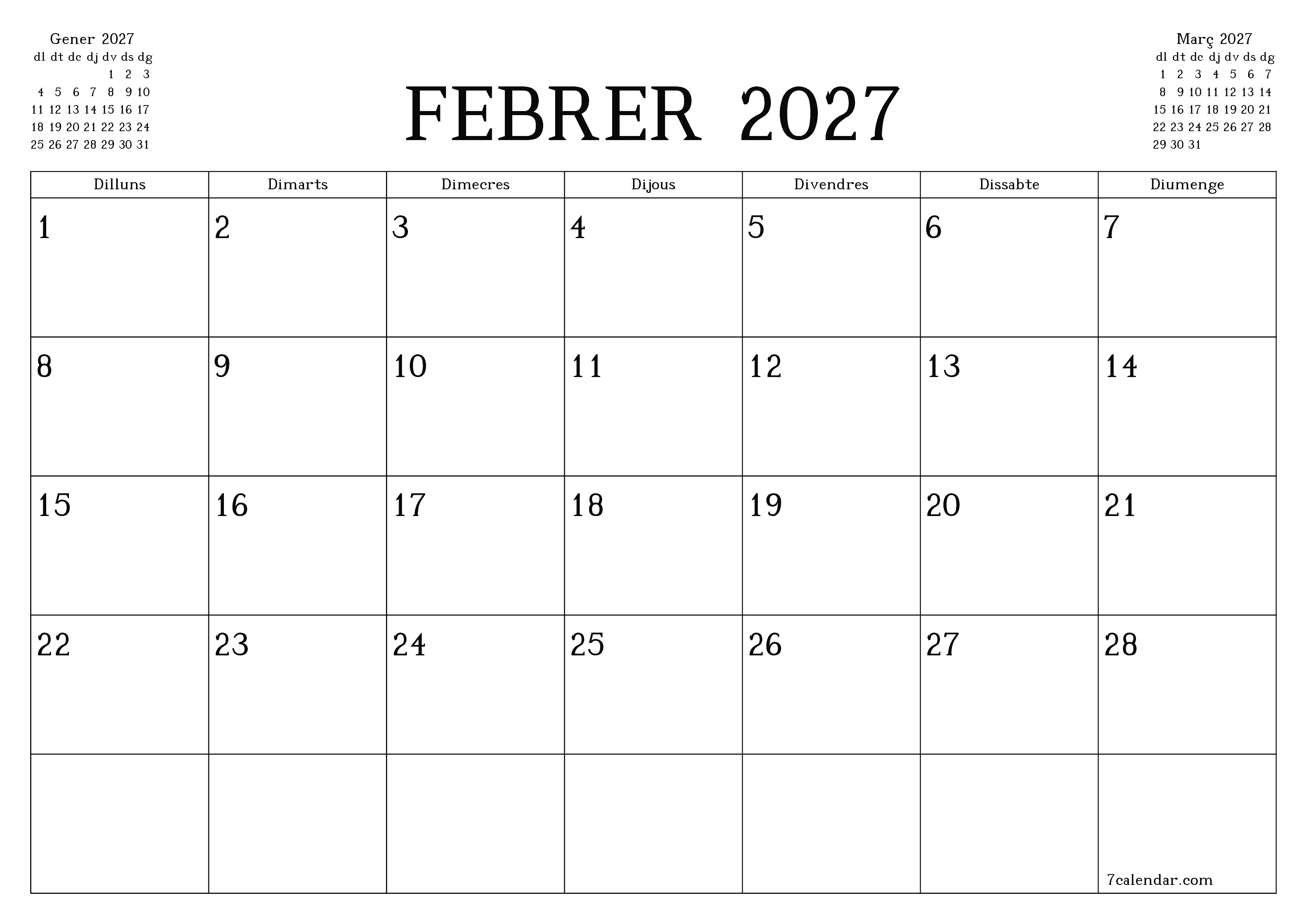 Planificador mensual buit del mes Febrer 2027 amb notes, deseu-lo i imprimiu-lo en format PDF PNG Catalan