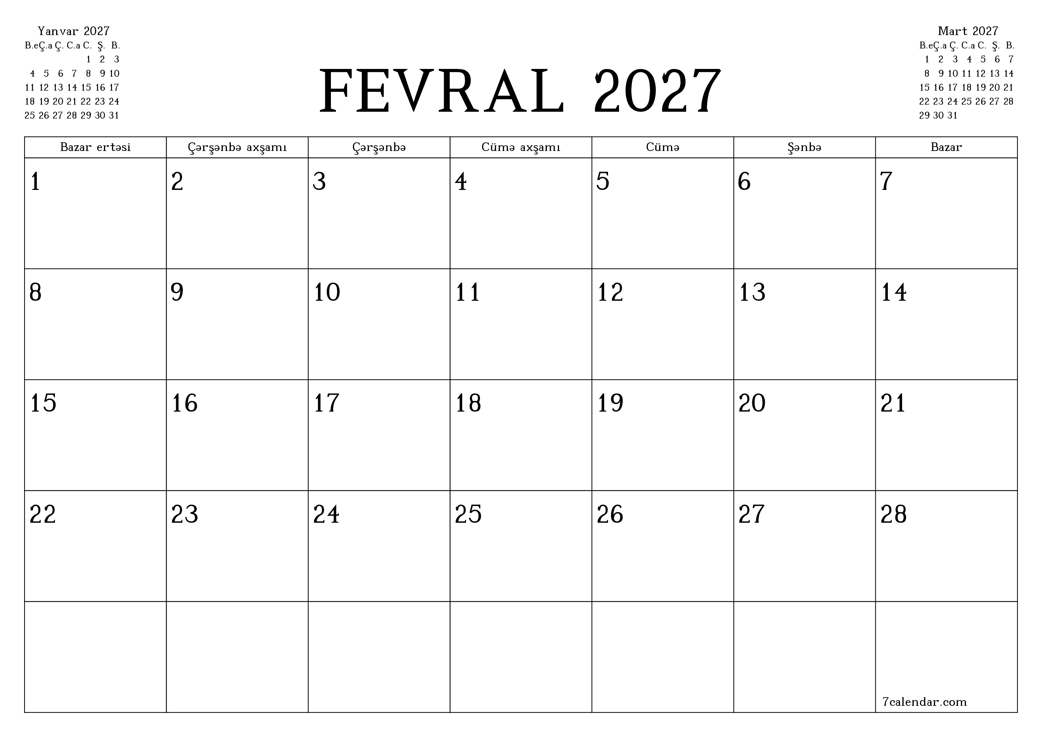 Fevral 2027 ayı üçün qeydlər ilə boş aylıq planlayıcı, qeyd edin və PDF-ə yazdırın PNG Azerbaijani