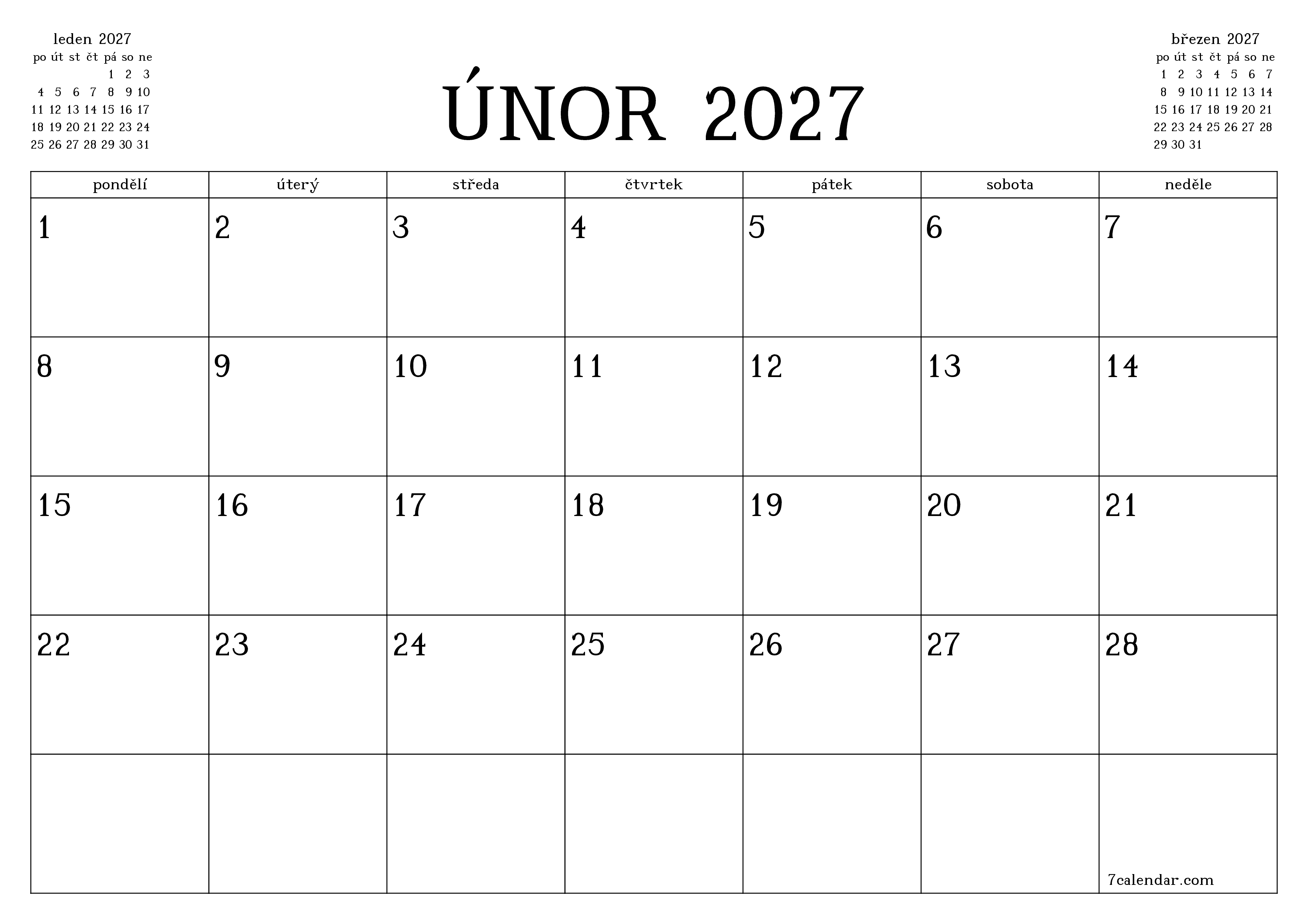  pro tisk nástěnný šablona e zdarmahorizontální Měsíční plánovač kalendář únor (úno) 2027