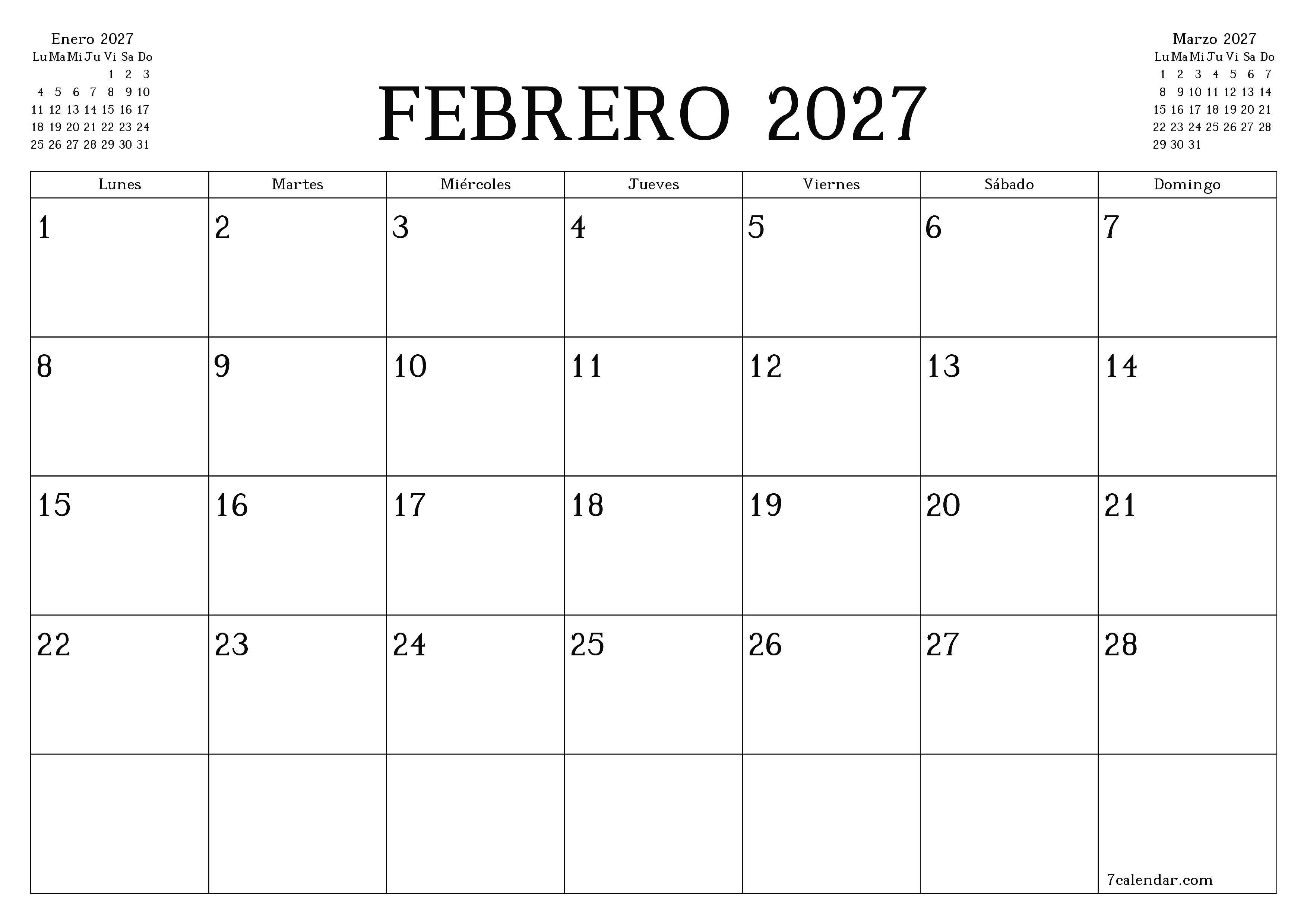 Planificador mensual vacío para el mes Febrero 2027 con notas, guardar e imprimir en PDF PNG Spanish