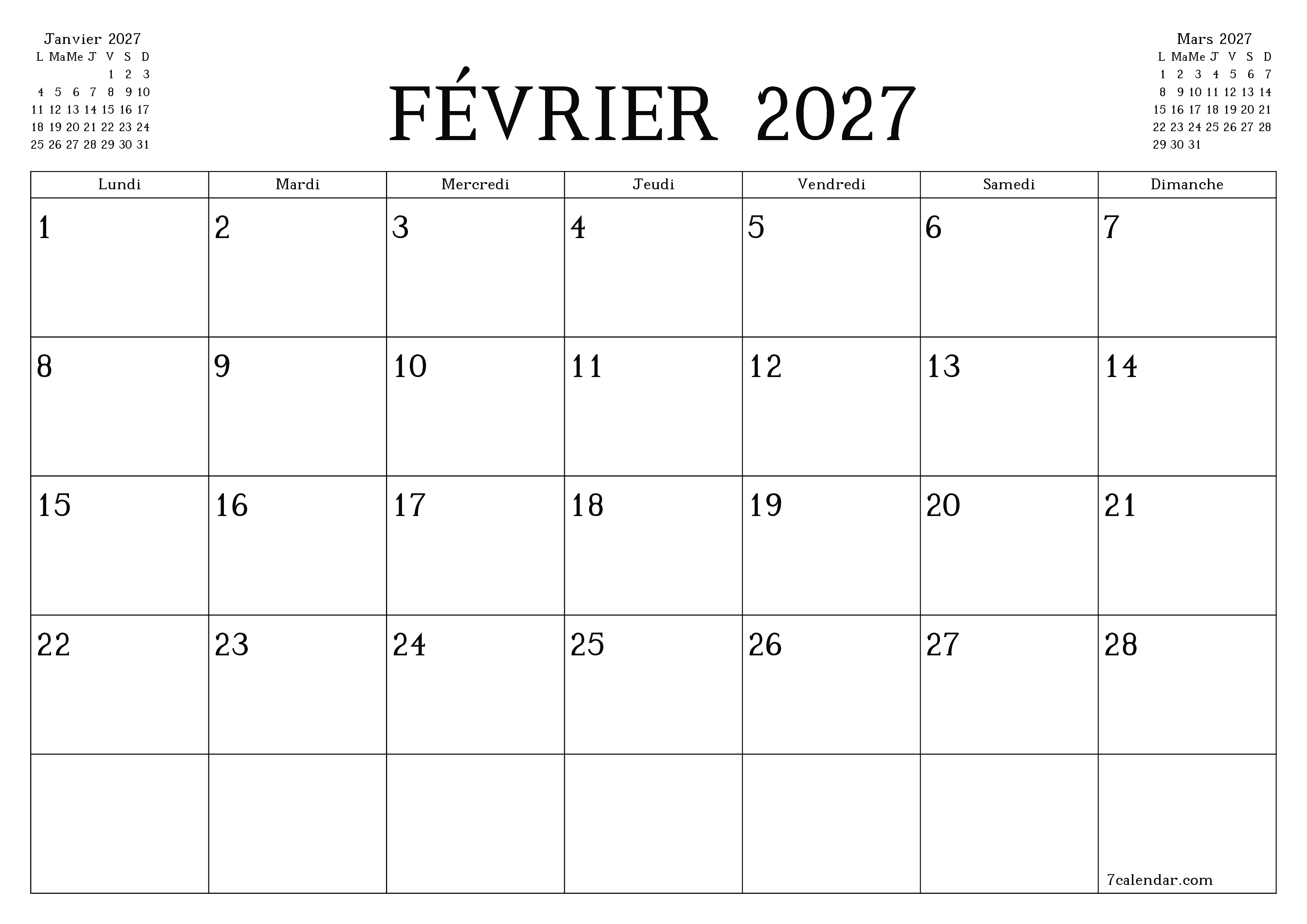 Agenda mensuel vide pour le mois Février 2027 avec notes, enregistrez et imprimez au format PDF PNG French