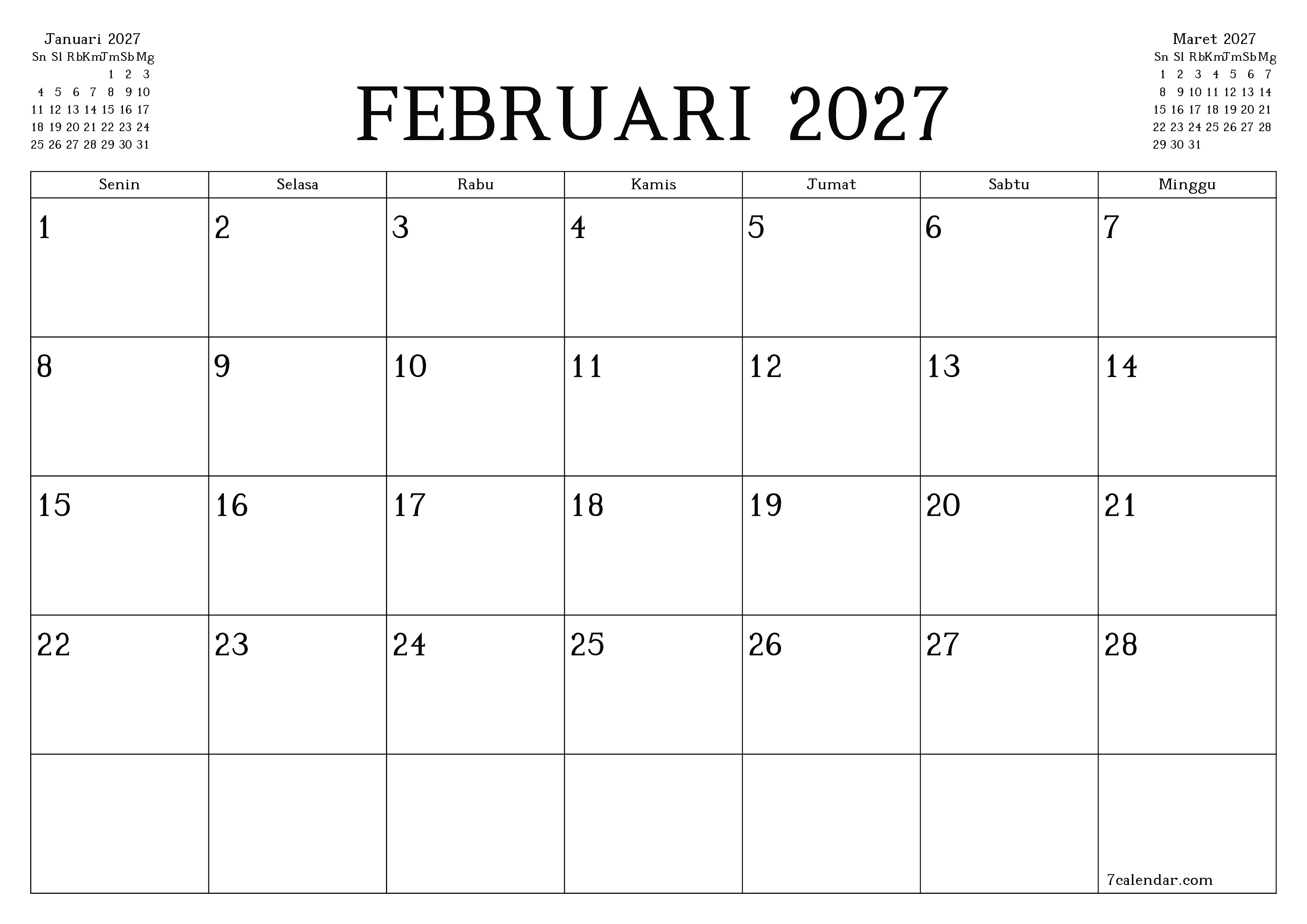 Kosongkan agenda bulanan untuk bulan Februari 2027 dengan catatan, simpan dan cetak ke PDF PNG Indonesian