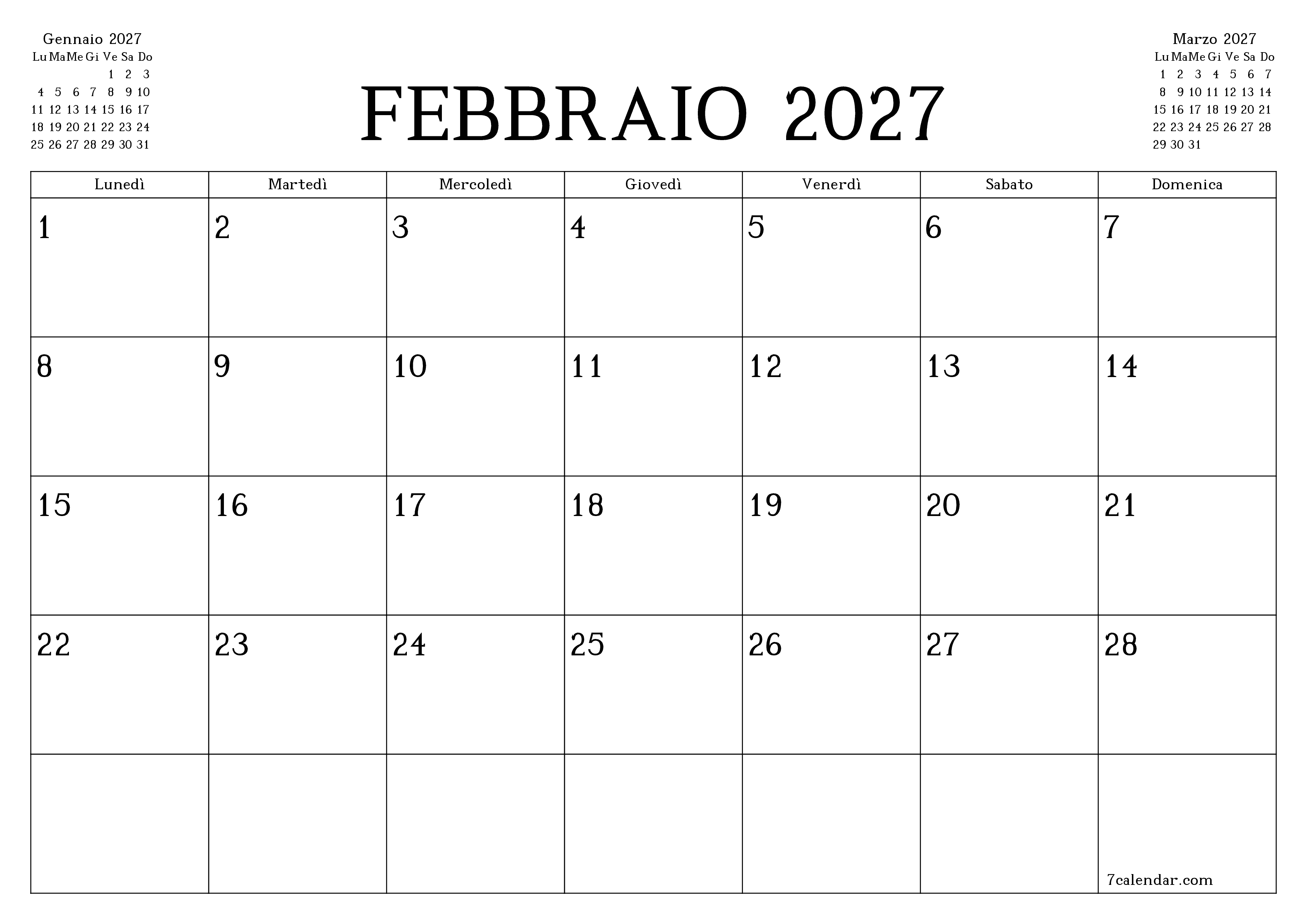 Pianificatore mensile vuoto per il mese Febbraio 2027 con note, salva e stampa in PDF PNG Italian