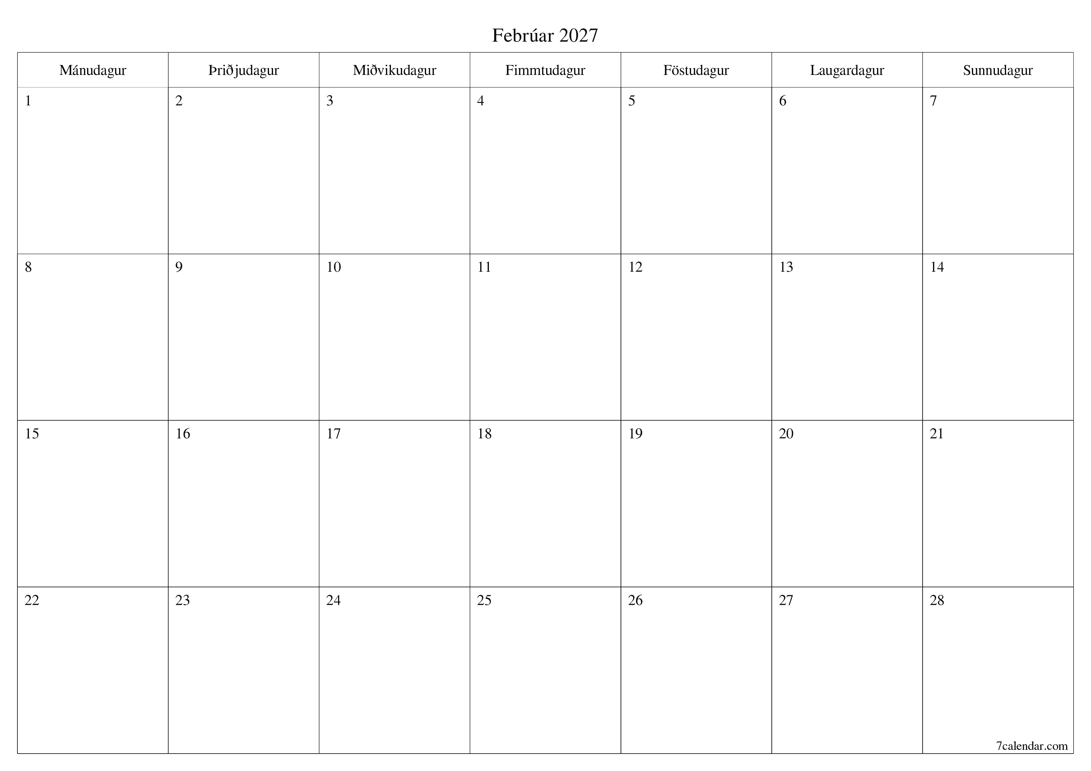 Tómur mánaðarlegur skipuleggjandi fyrir mánuðinn Febrúar 2027 með athugasemdum, vista og prenta á PDF PNG Icelandic