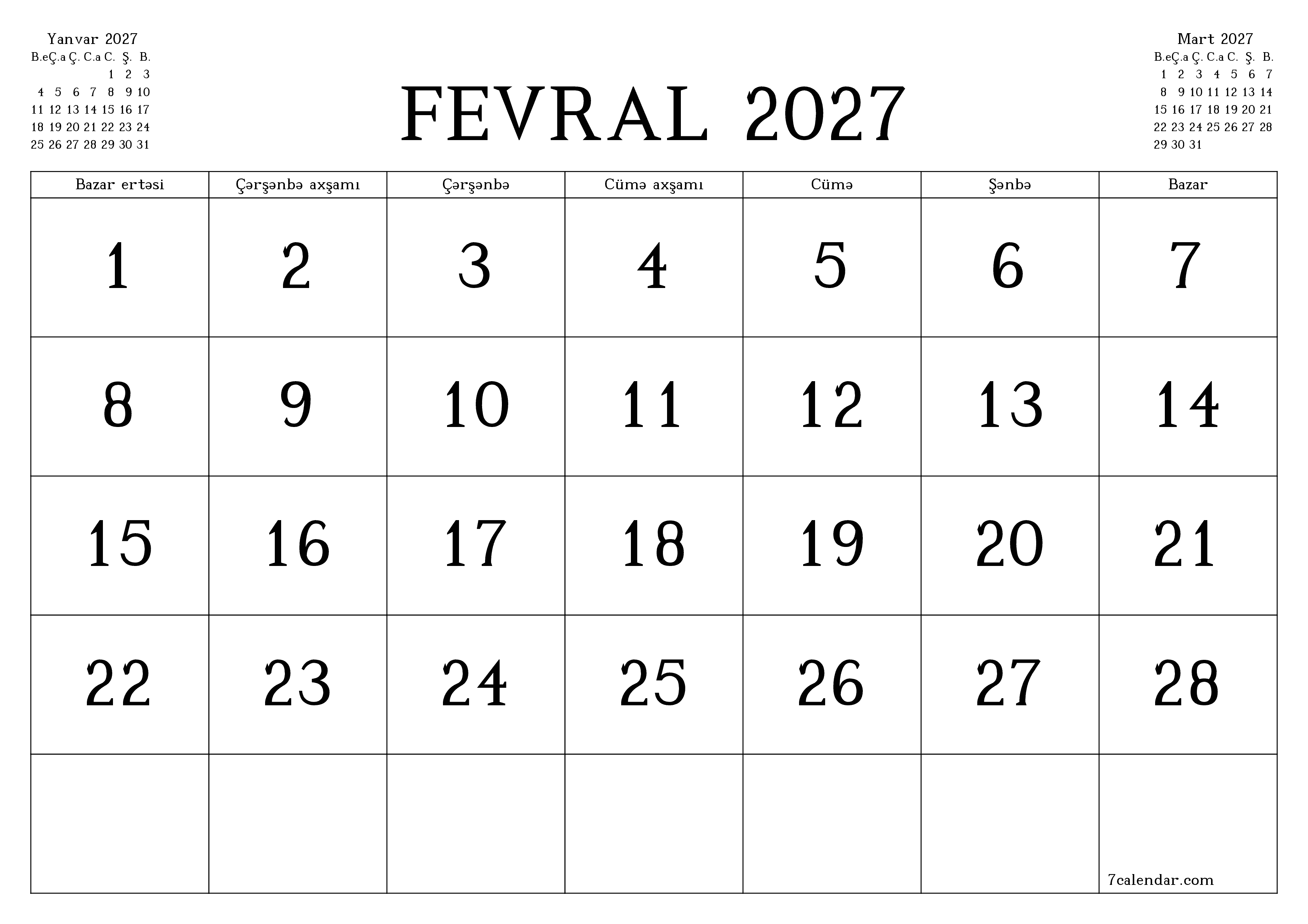 Fevral 2027 ayı üçün qeydlər ilə boş aylıq planlayıcı, qeyd edin və PDF-ə yazdırın PNG Azerbaijani