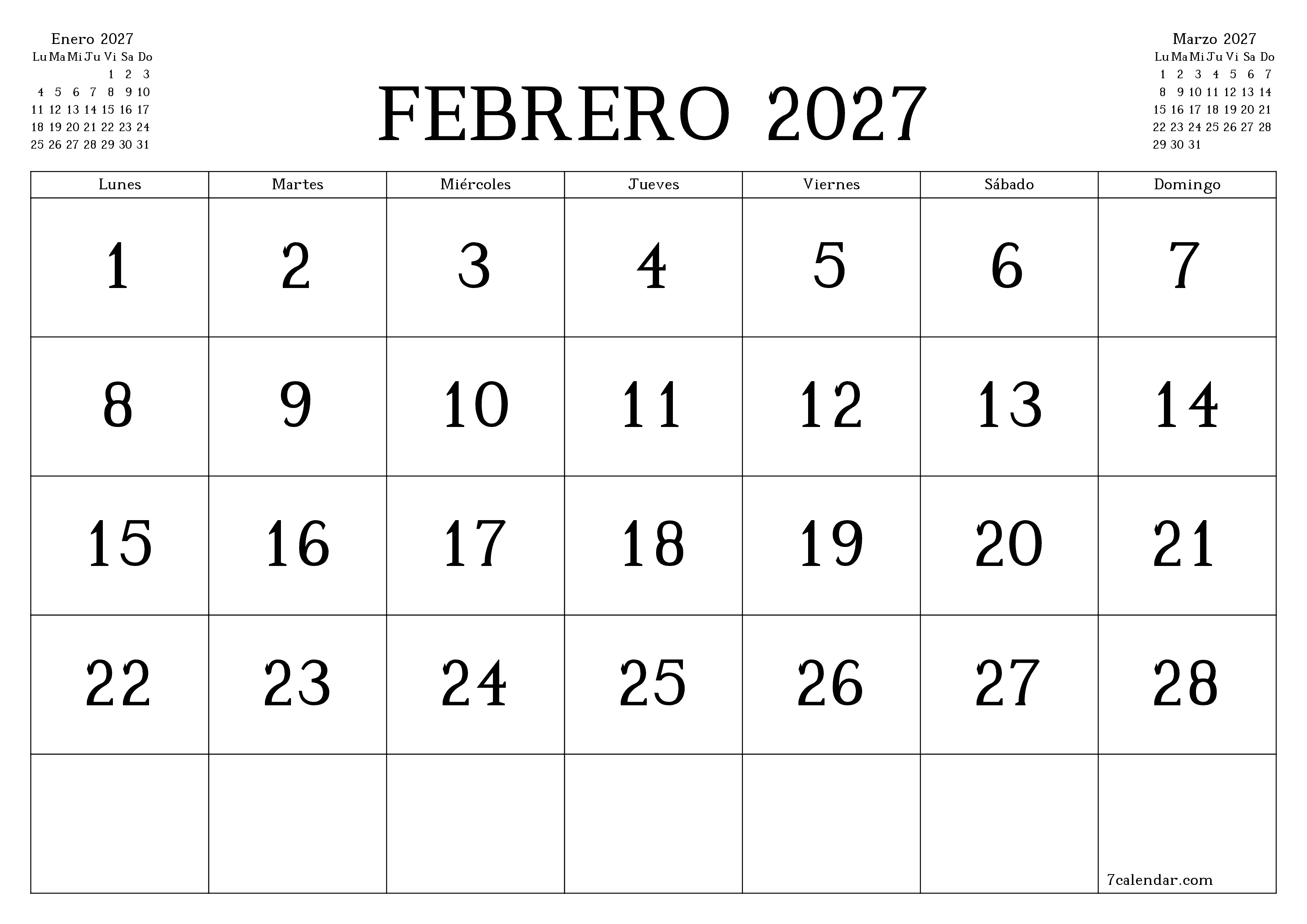 Planificador mensual vacío para el mes Febrero 2027 con notas, guardar e imprimir en PDF PNG Spanish