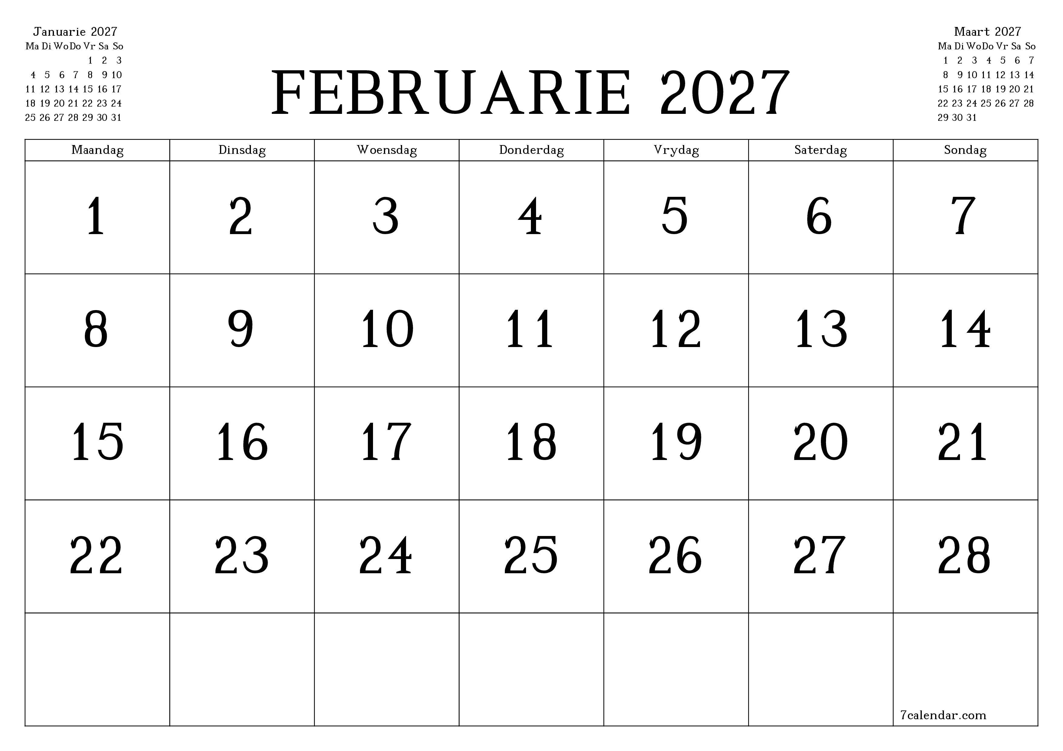 Leë maandelikse drukbare kalender en beplanner vir maand Februarie 2027 met notas stoor en druk na PDF PNG Afrikaans