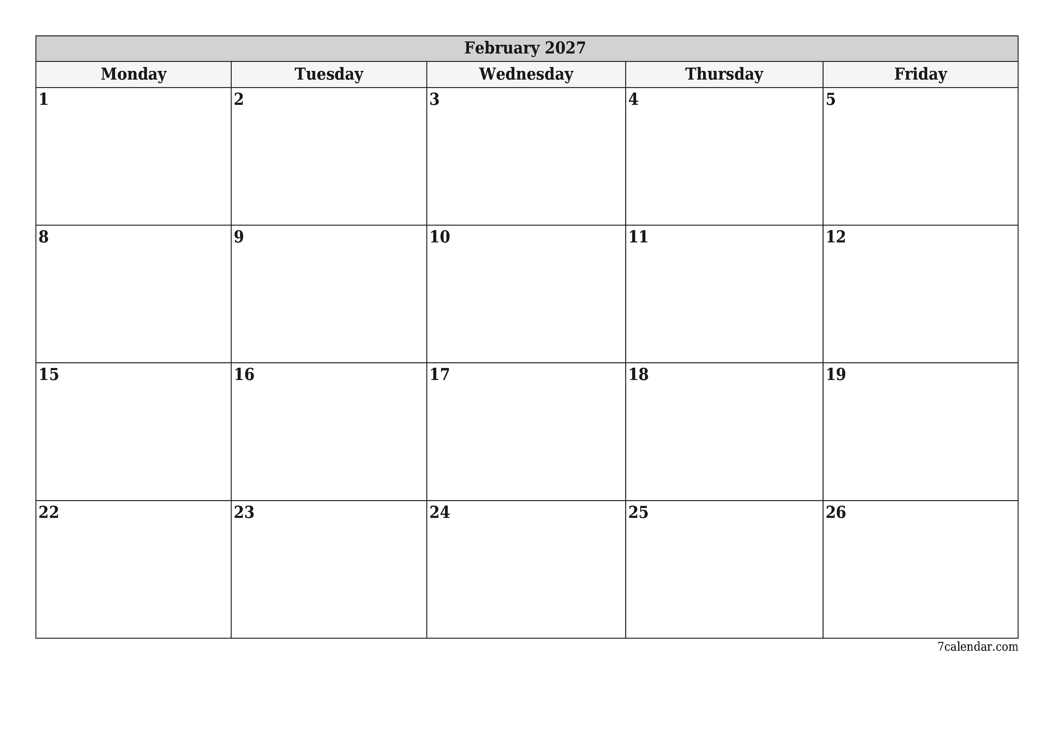 Blank calendar February 2027