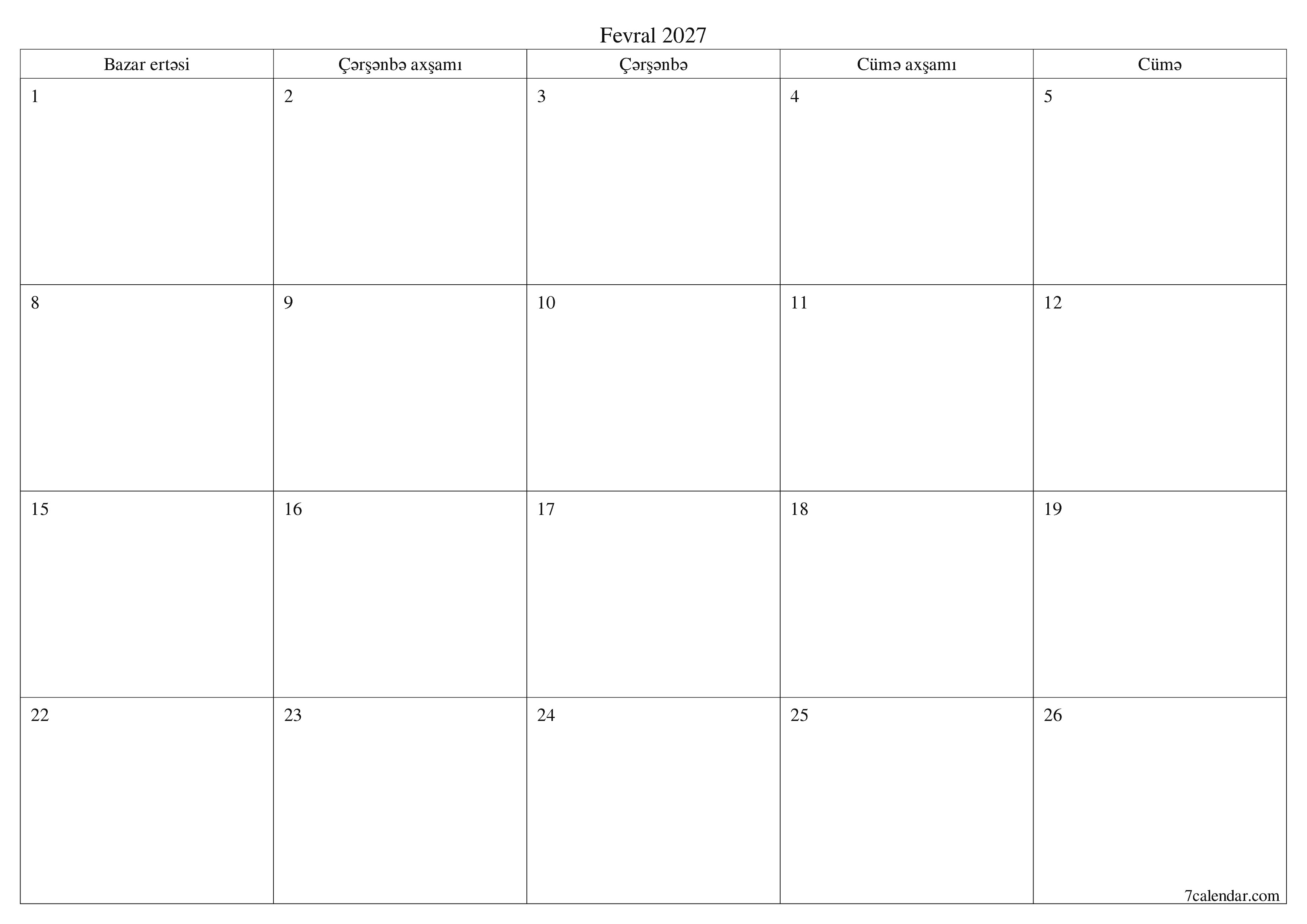 Fevral 2027 ayı üçün qeydlər ilə boş aylıq planlayıcı, qeyd edin və PDF-ə yazdırın PNG Azerbaijani
