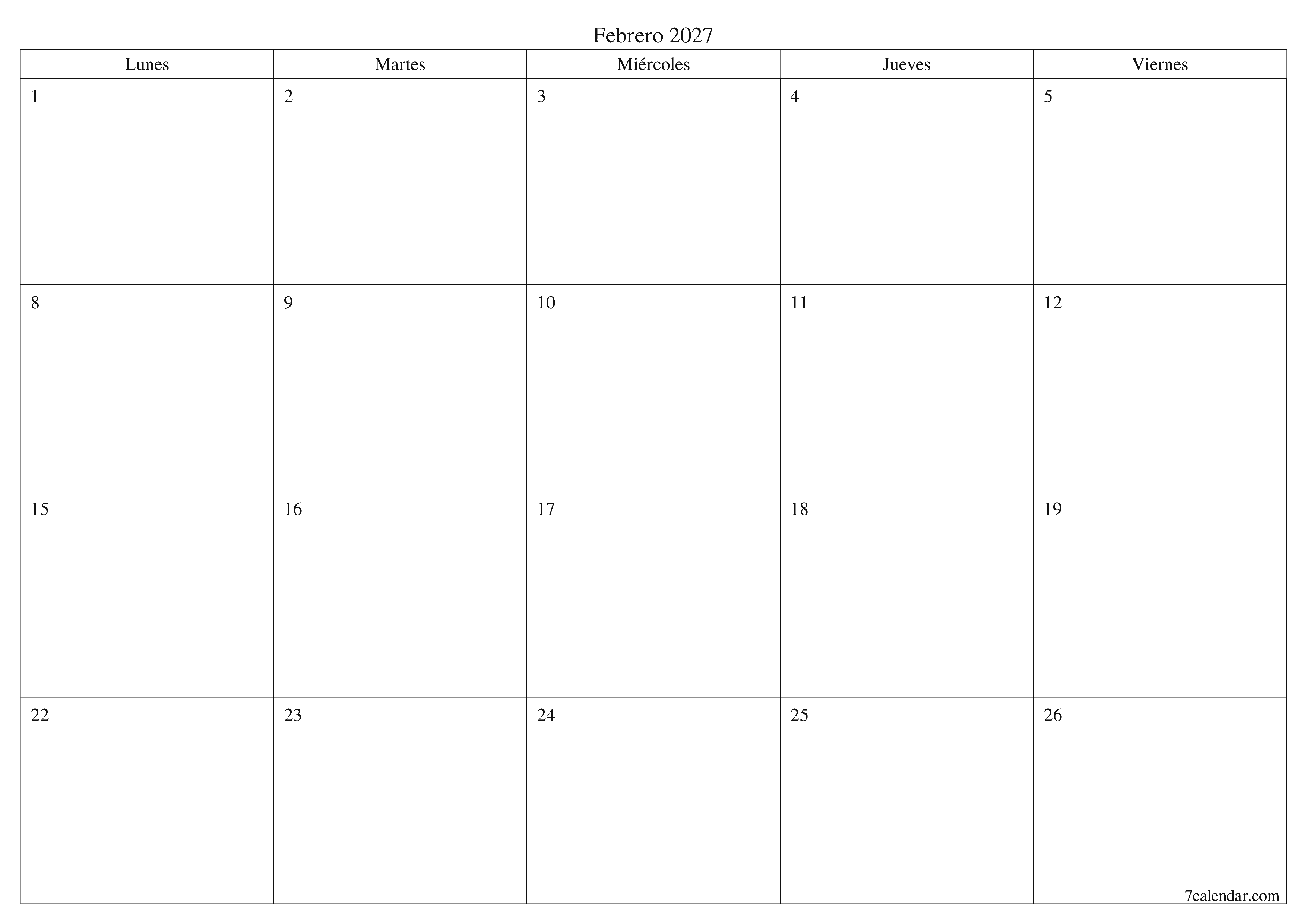Planificador mensual vacío para el mes Febrero 2027 con notas, guardar e imprimir en PDF PNG Spanish