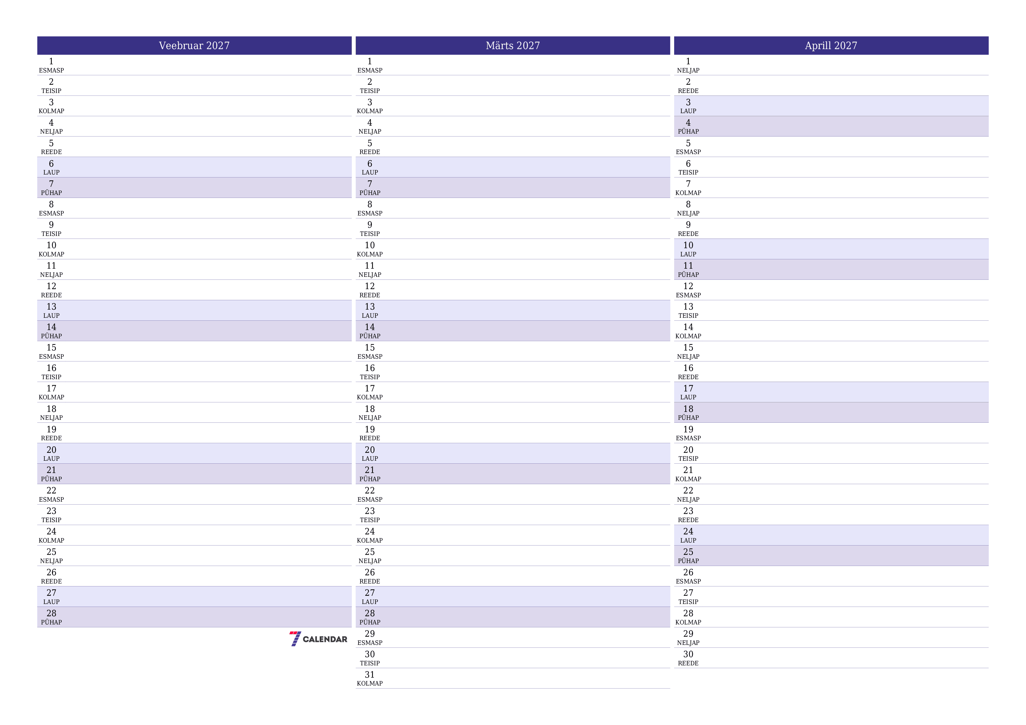 Tühjendage kuu Veebruar 2027 kuuplaneerija märkmetega, salvestage ja printige PDF-i PNG Estonian