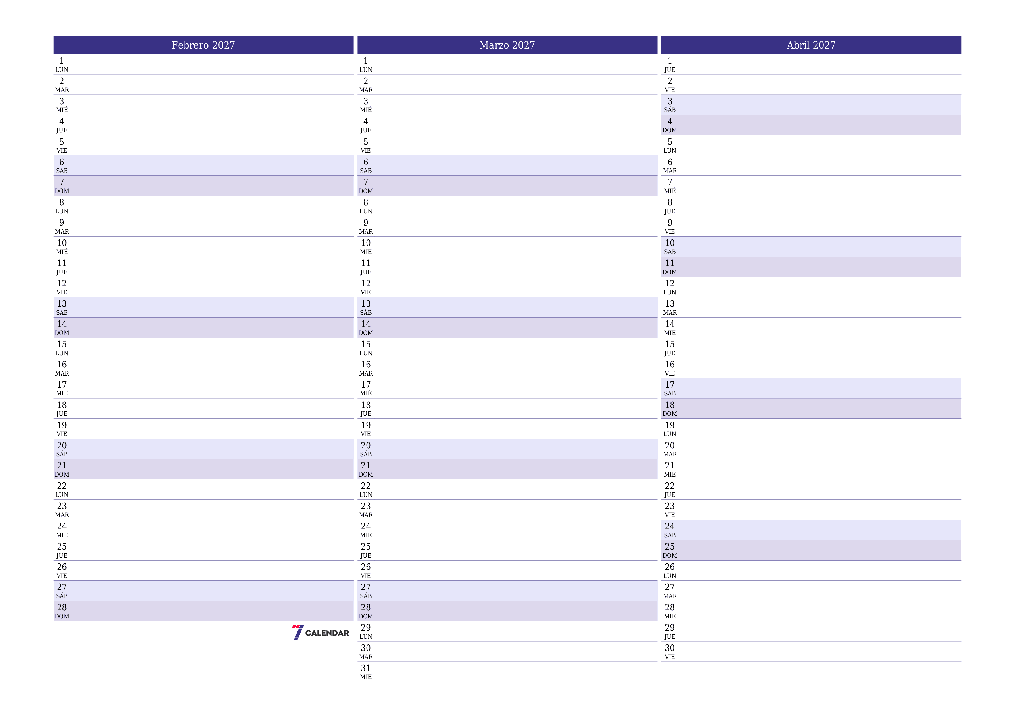 Planificador mensual vacío para el mes Febrero 2027 con notas, guardar e imprimir en PDF PNG Spanish