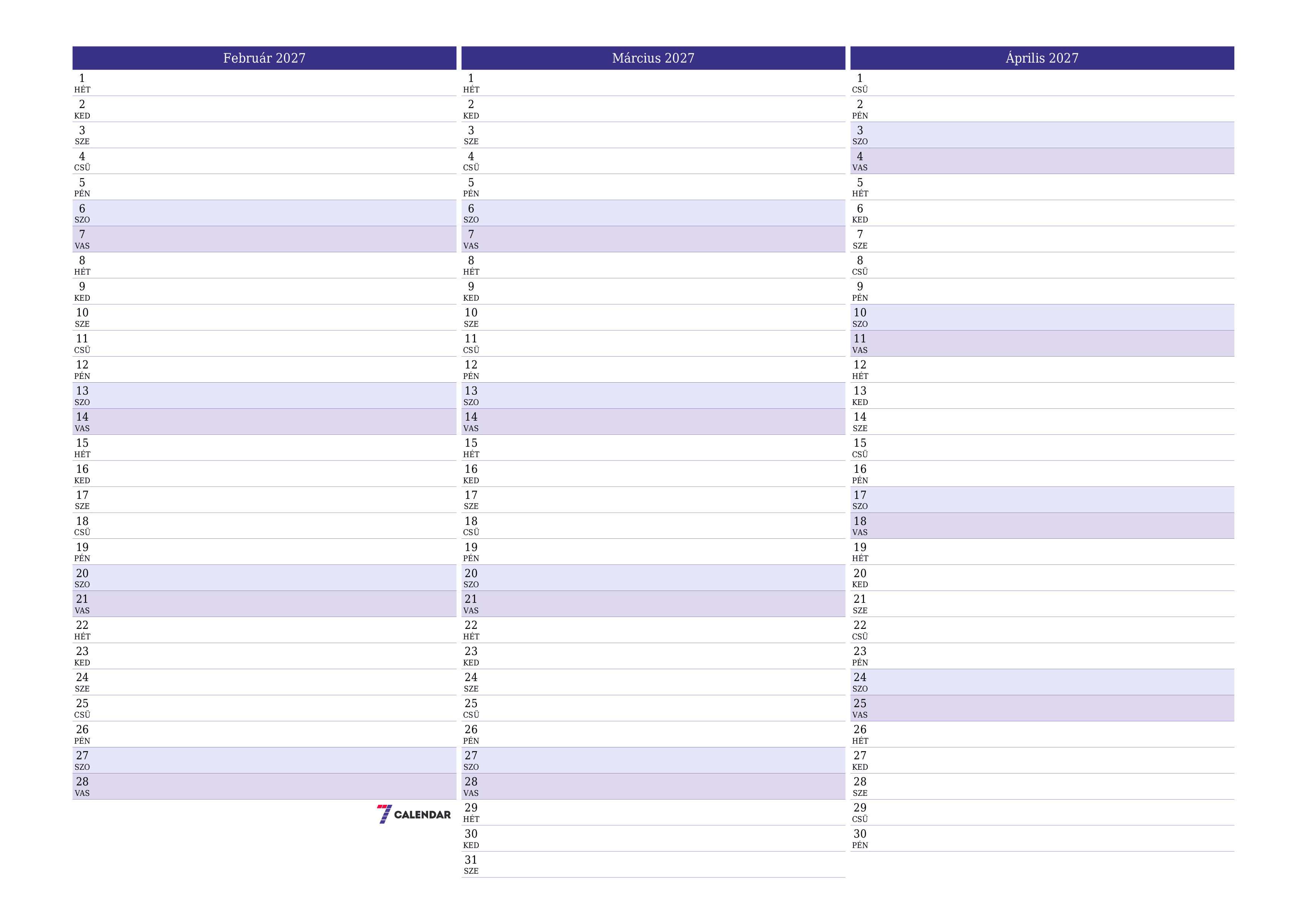 Üres havi tervező a Február 2027 hónapra jegyzetekkel, mentés és nyomtatás PDF-be PNG Hungarian