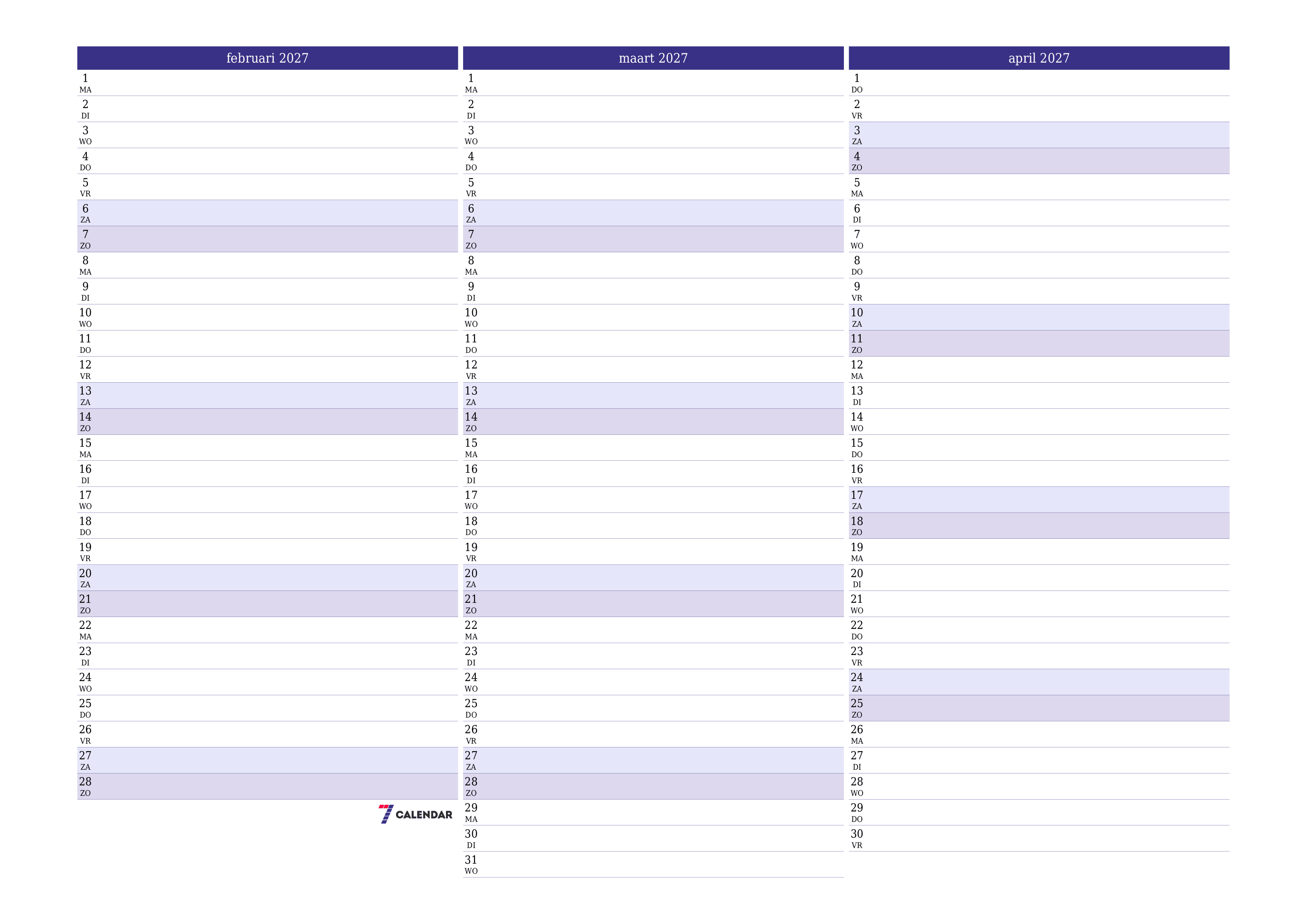 Lege maandplanner voor maand februari 2027 met notities, opslaan en afdrukken naar pdf PNG Dutch