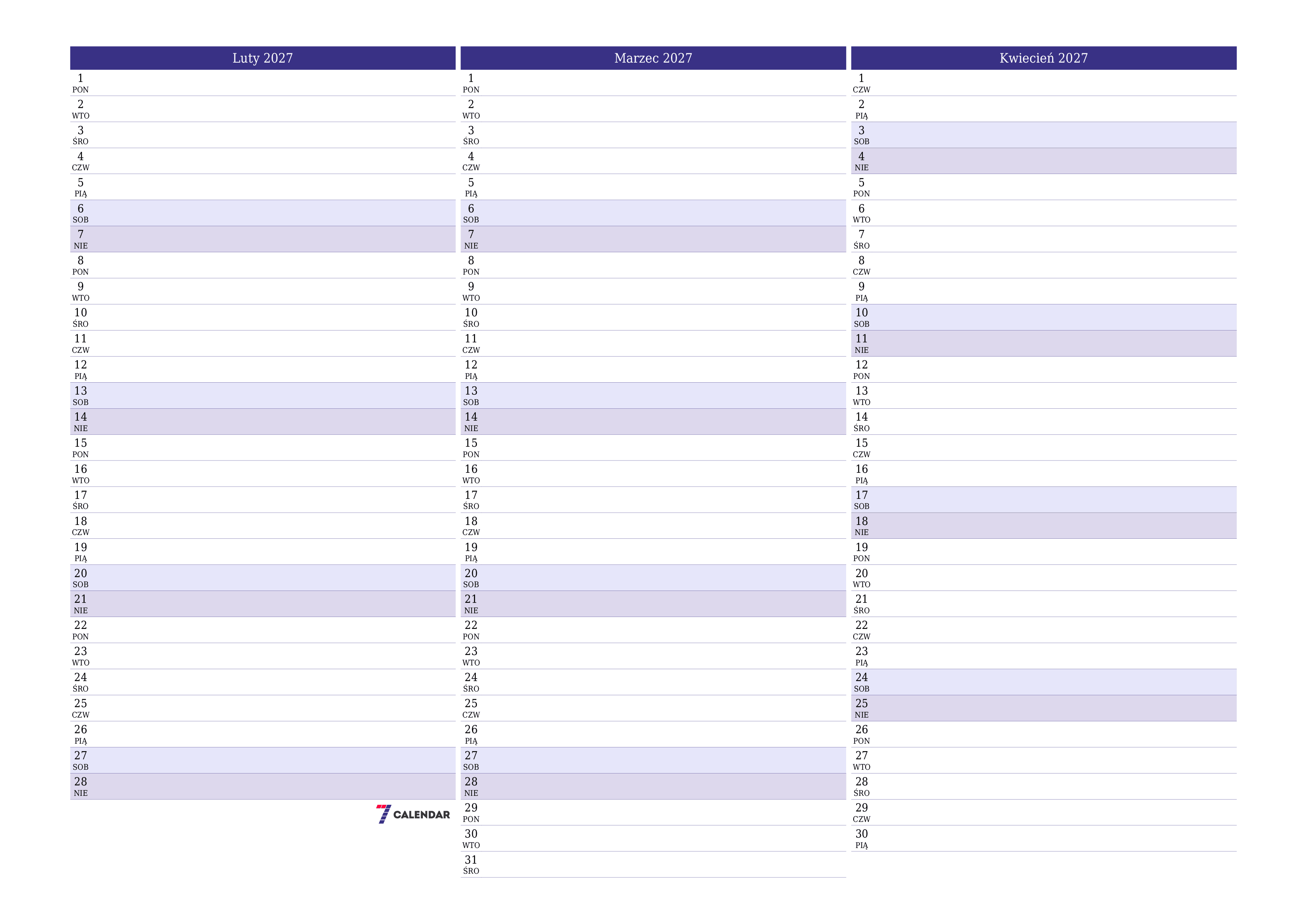 Opróżnij miesięczny planer na miesiąc Luty 2027 z notatkami, zapisz i wydrukuj w formacie PDF PNG Polish