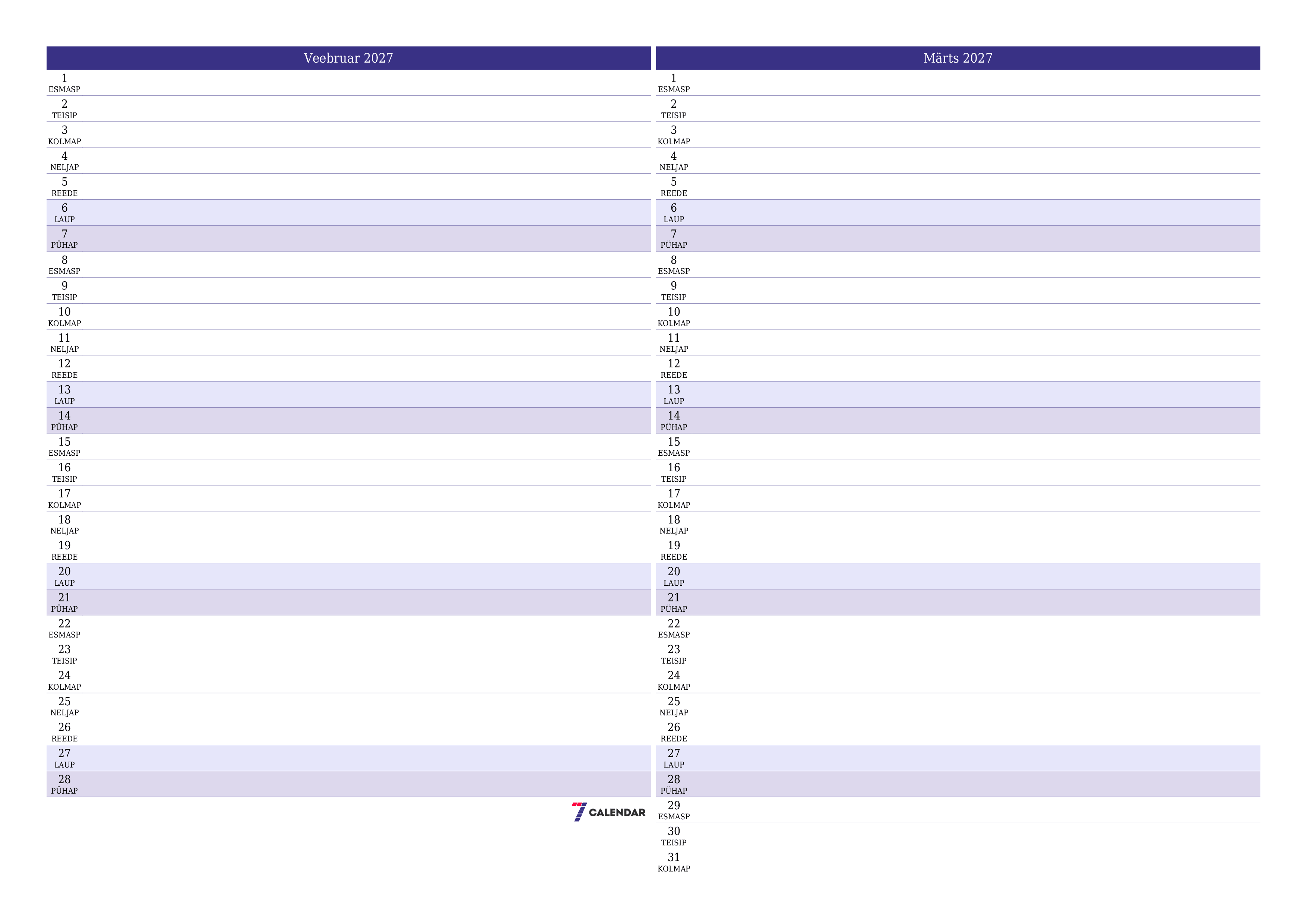 Tühjendage kuu Veebruar 2027 kuuplaneerija märkmetega, salvestage ja printige PDF-i PNG Estonian