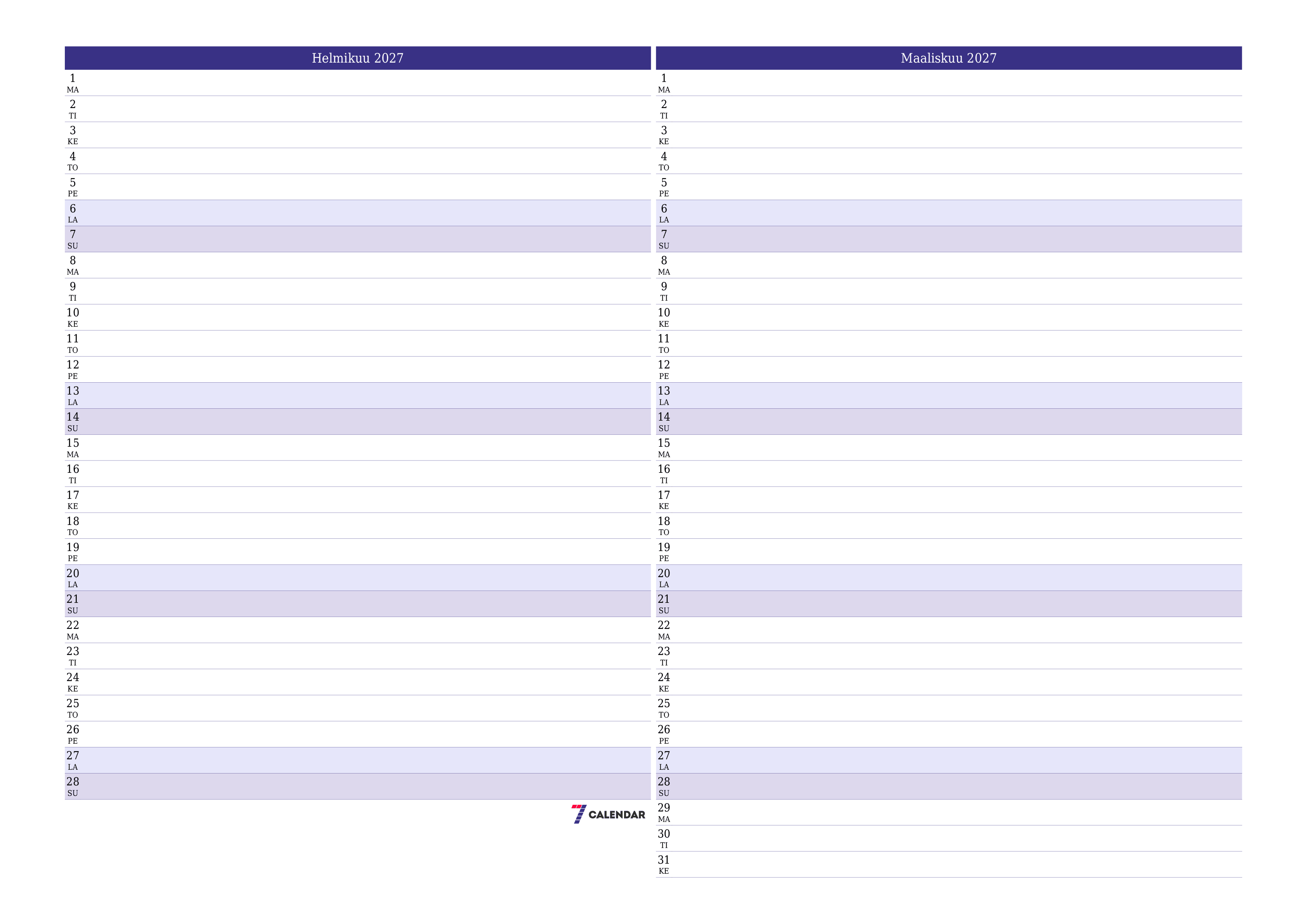 Tyhjennä kuukausittainen suunnittelija kuukaudelle Helmikuu 2027 muistiinpanoilla, tallenna ja tulosta PDF-muotoon PNG Finnish