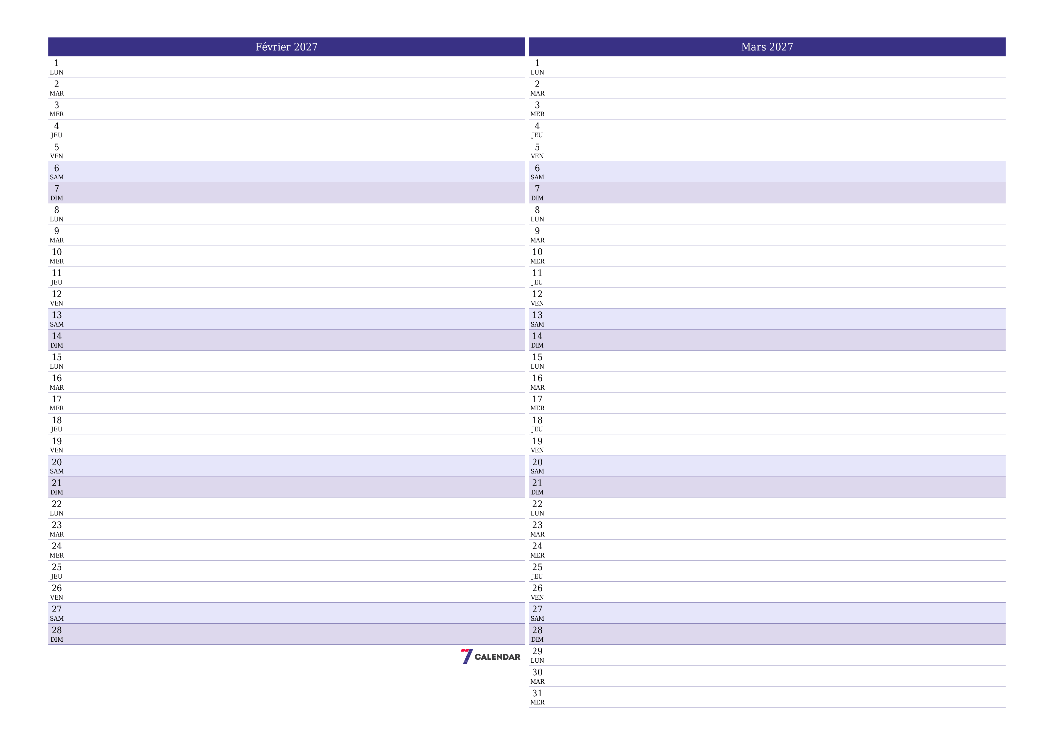 Agenda mensuel vide pour le mois Février 2027 avec notes, enregistrez et imprimez au format PDF PNG French