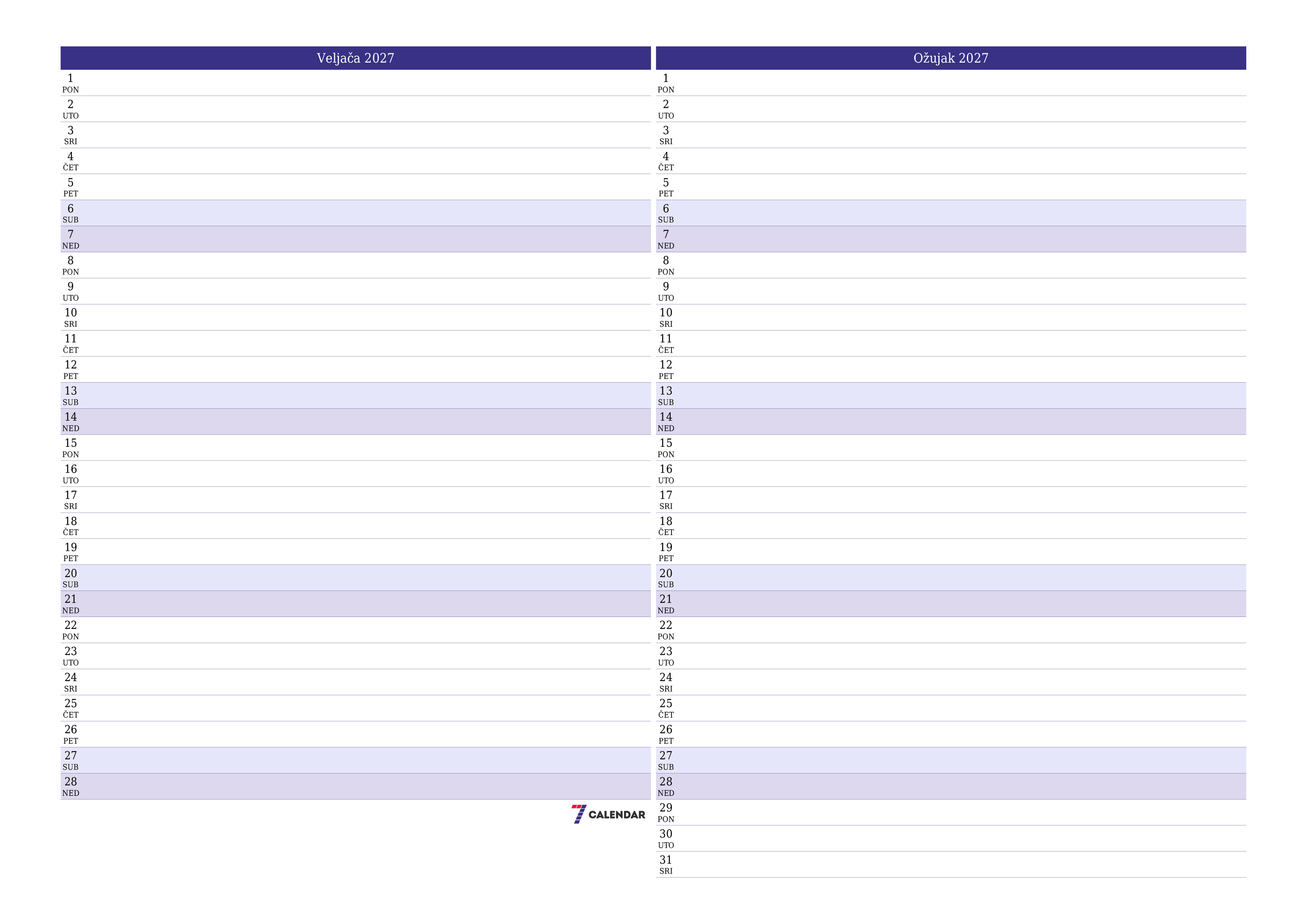 Ispraznite mjesečni planer za mjesec Veljača 2027 s bilješkama, spremite i ispišite u PDF PNG Croatian