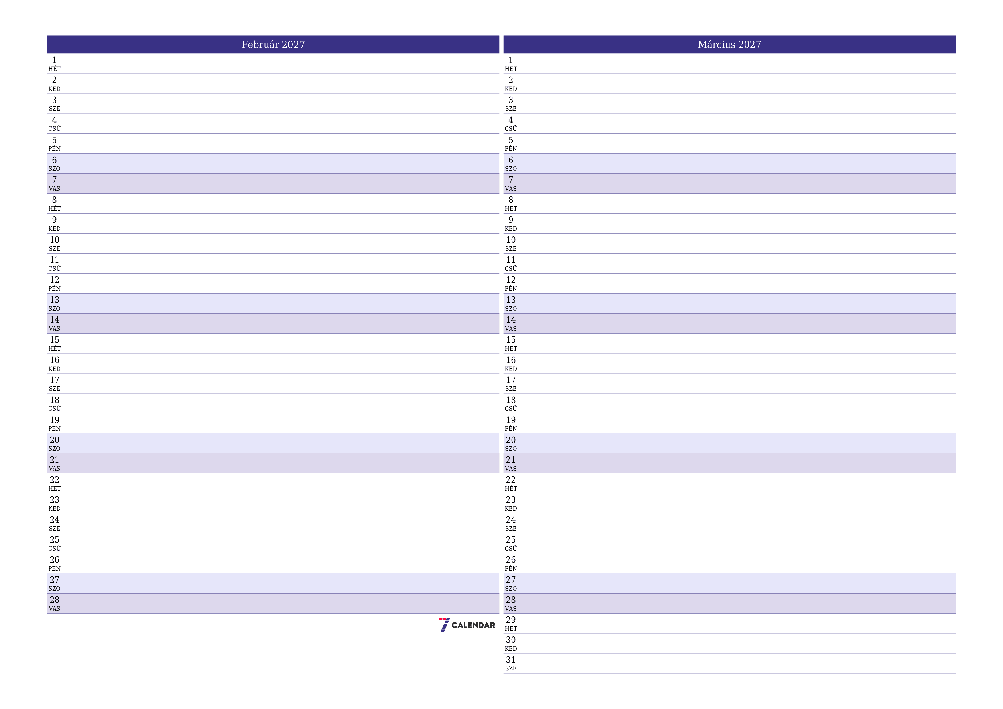 Üres havi tervező a Február 2027 hónapra jegyzetekkel, mentés és nyomtatás PDF-be PNG Hungarian