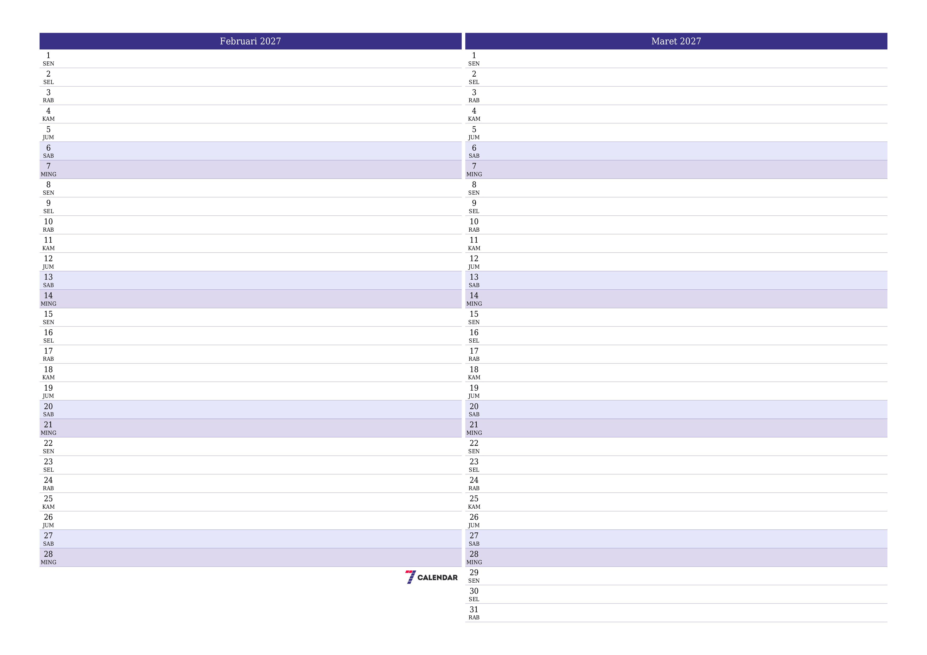 Kosongkan agenda bulanan untuk bulan Februari 2027 dengan catatan, simpan dan cetak ke PDF PNG Indonesian