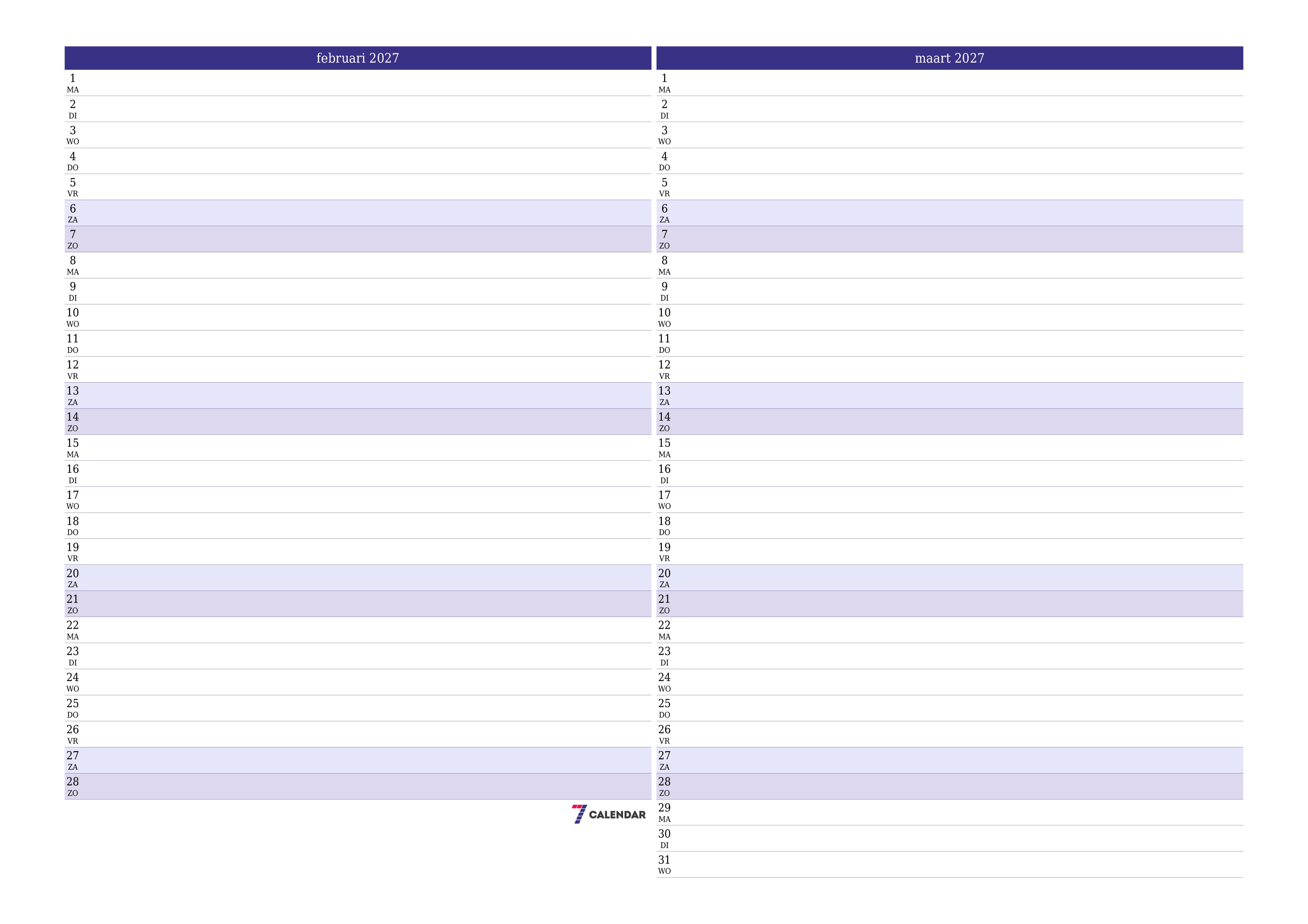 Lege maandplanner voor maand februari 2027 met notities, opslaan en afdrukken naar pdf PNG Dutch