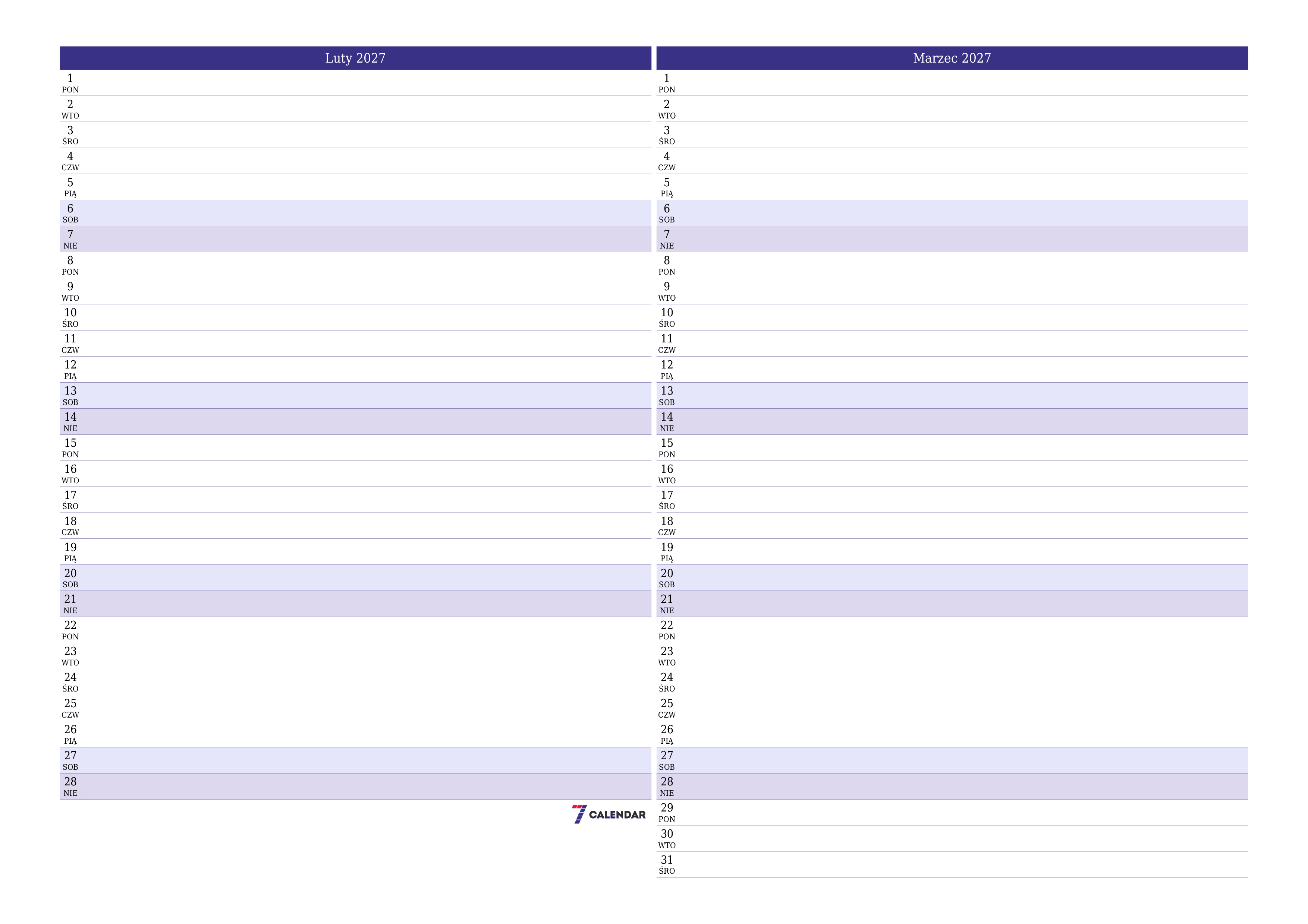 Opróżnij miesięczny planer na miesiąc Luty 2027 z notatkami, zapisz i wydrukuj w formacie PDF PNG Polish