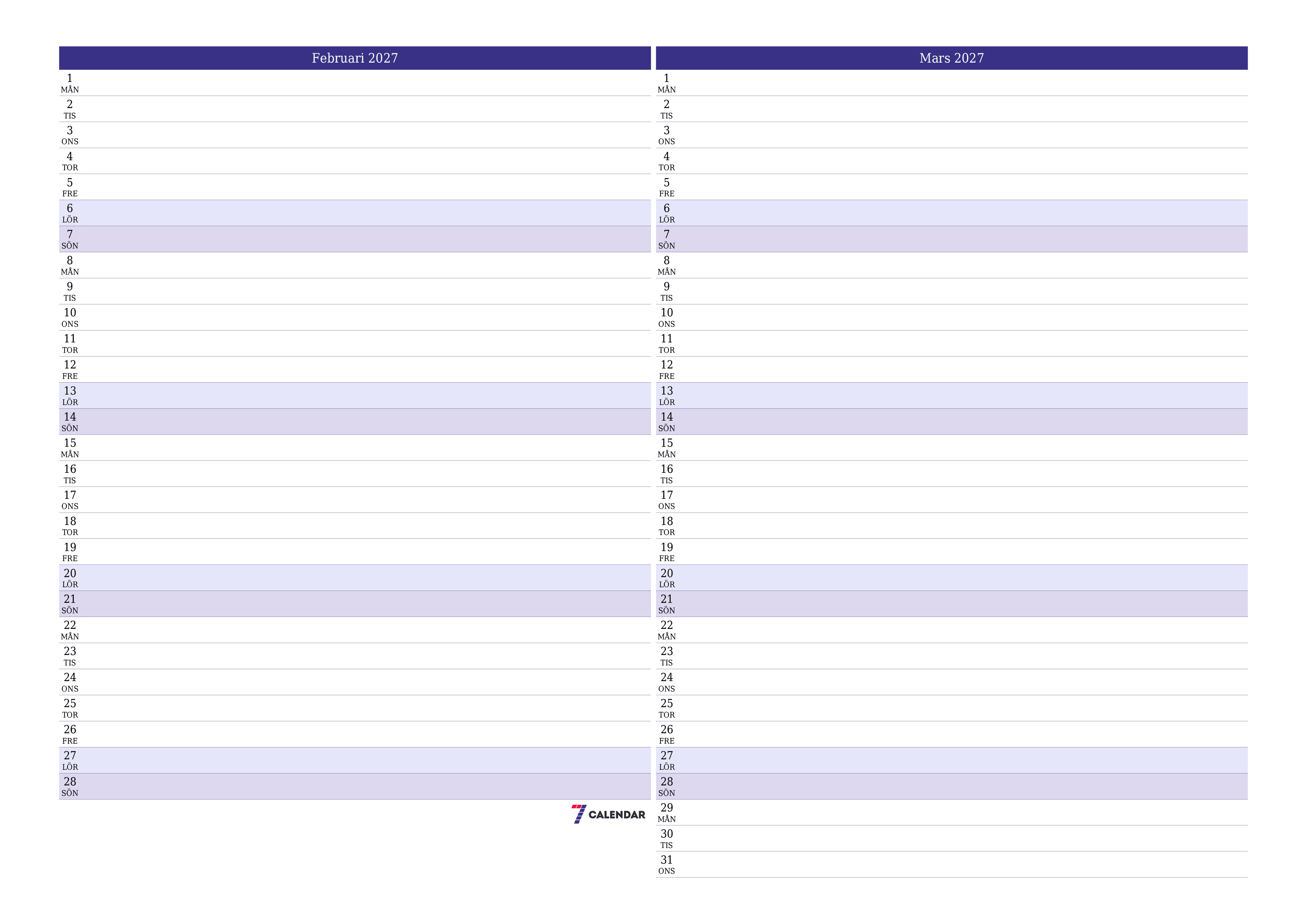 Tom månadsplanerare för månad Februari 2027 med anteckningar, spara och skriv ut till PDF PNG Swedish