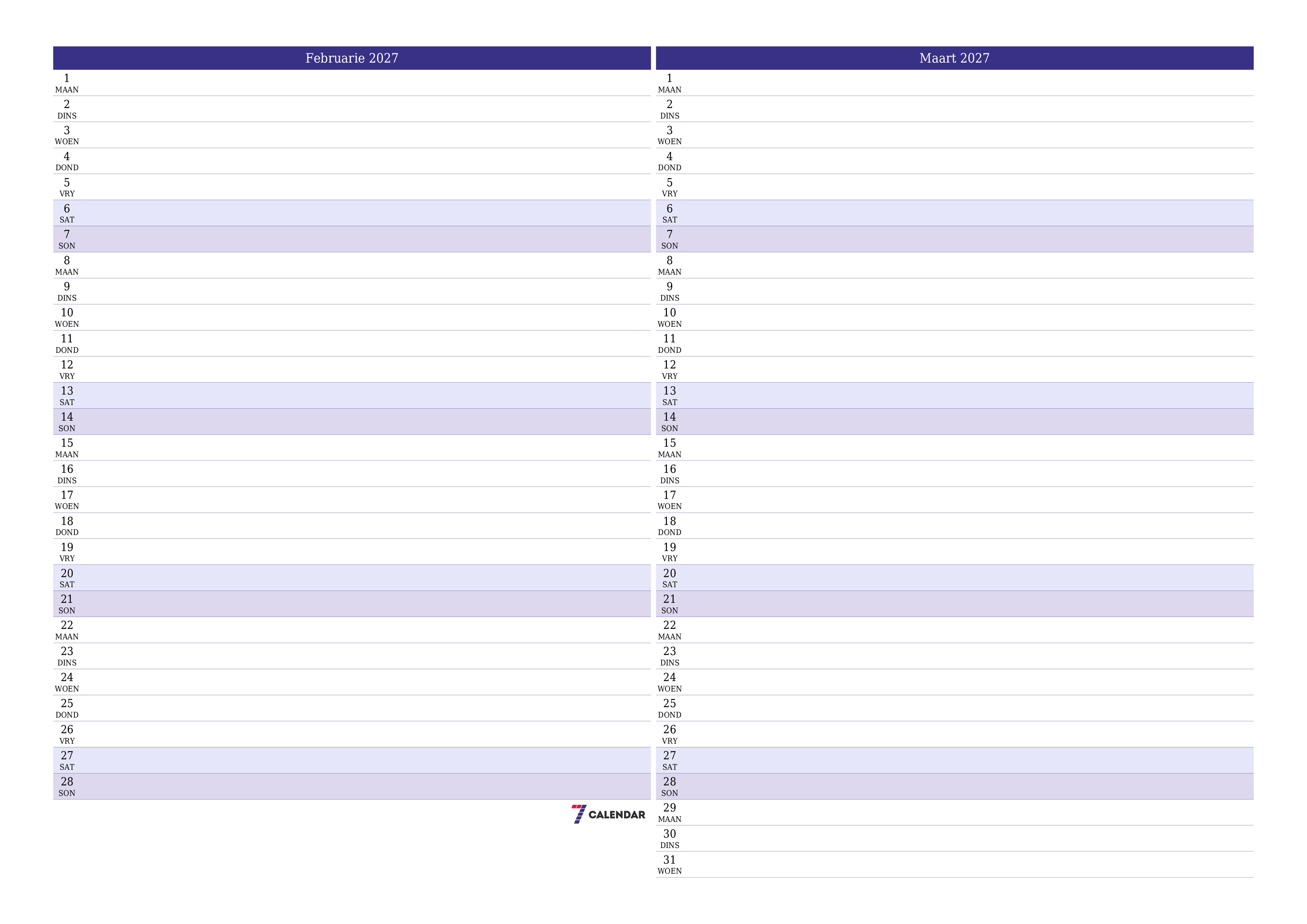 Leë maandelikse drukbare kalender en beplanner vir maand Februarie 2027 met notas stoor en druk na PDF PNG Afrikaans