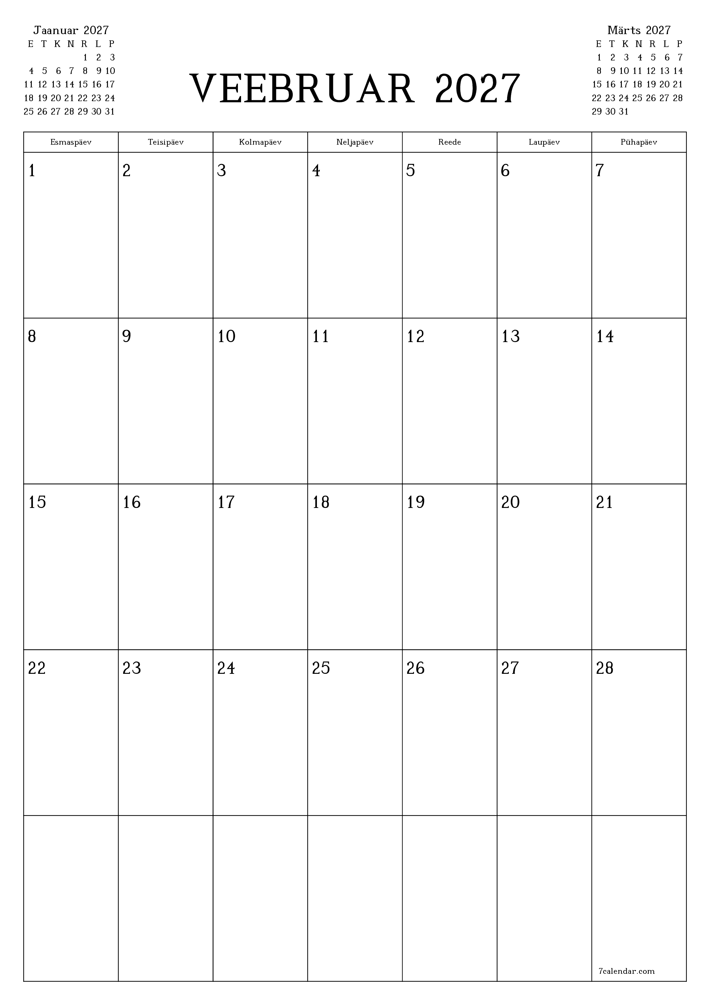 prinditav seina kalendri mall tasuta vertikaalne Igakuine planeerija kalender Veebruar (Veebr) 2027
