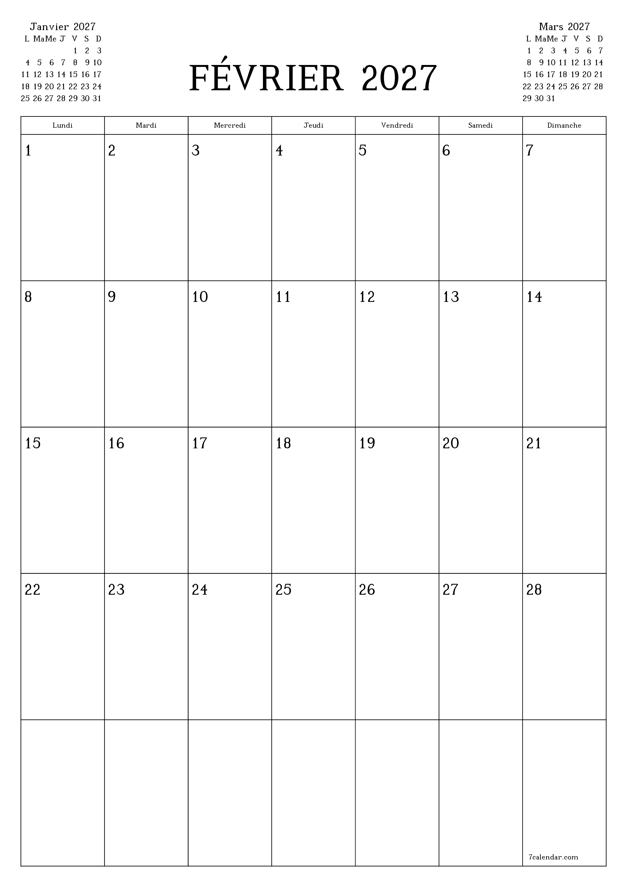 Agenda mensuel vide pour le mois Février 2027 avec notes, enregistrez et imprimez au format PDF PNG French