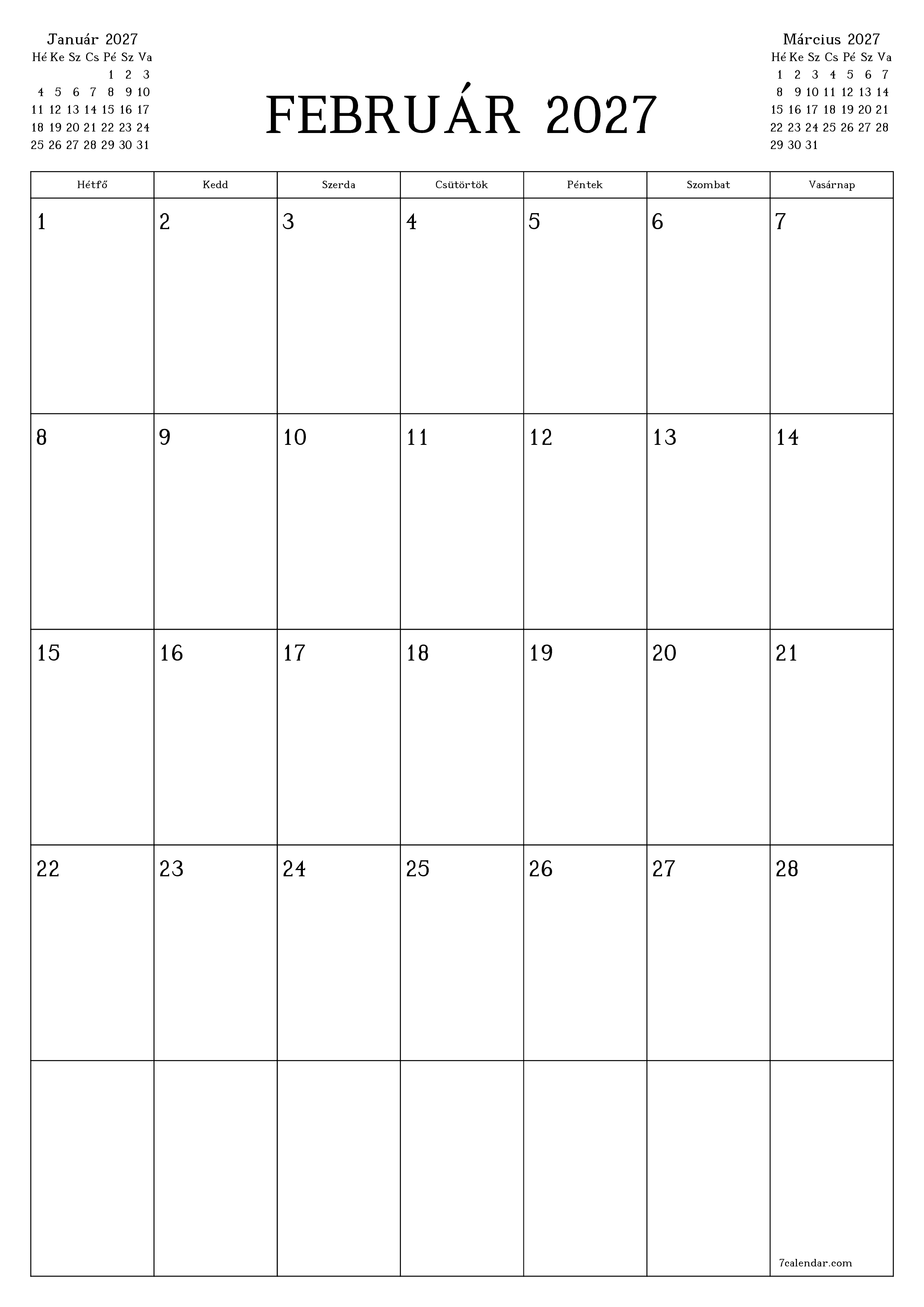 Üres havi tervező a Február 2027 hónapra jegyzetekkel, mentés és nyomtatás PDF-be PNG Hungarian